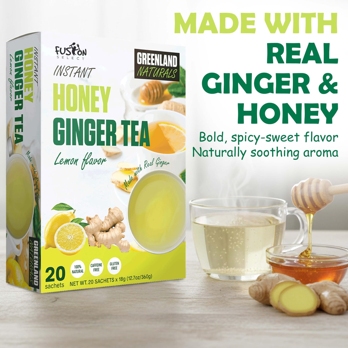Fusion Select 20 Sachets Original Ginger Honey Crystals Packets - Crystallized Ginger Tea with Honey - Easy-to-Prepare Instant Drink Mix - Natural