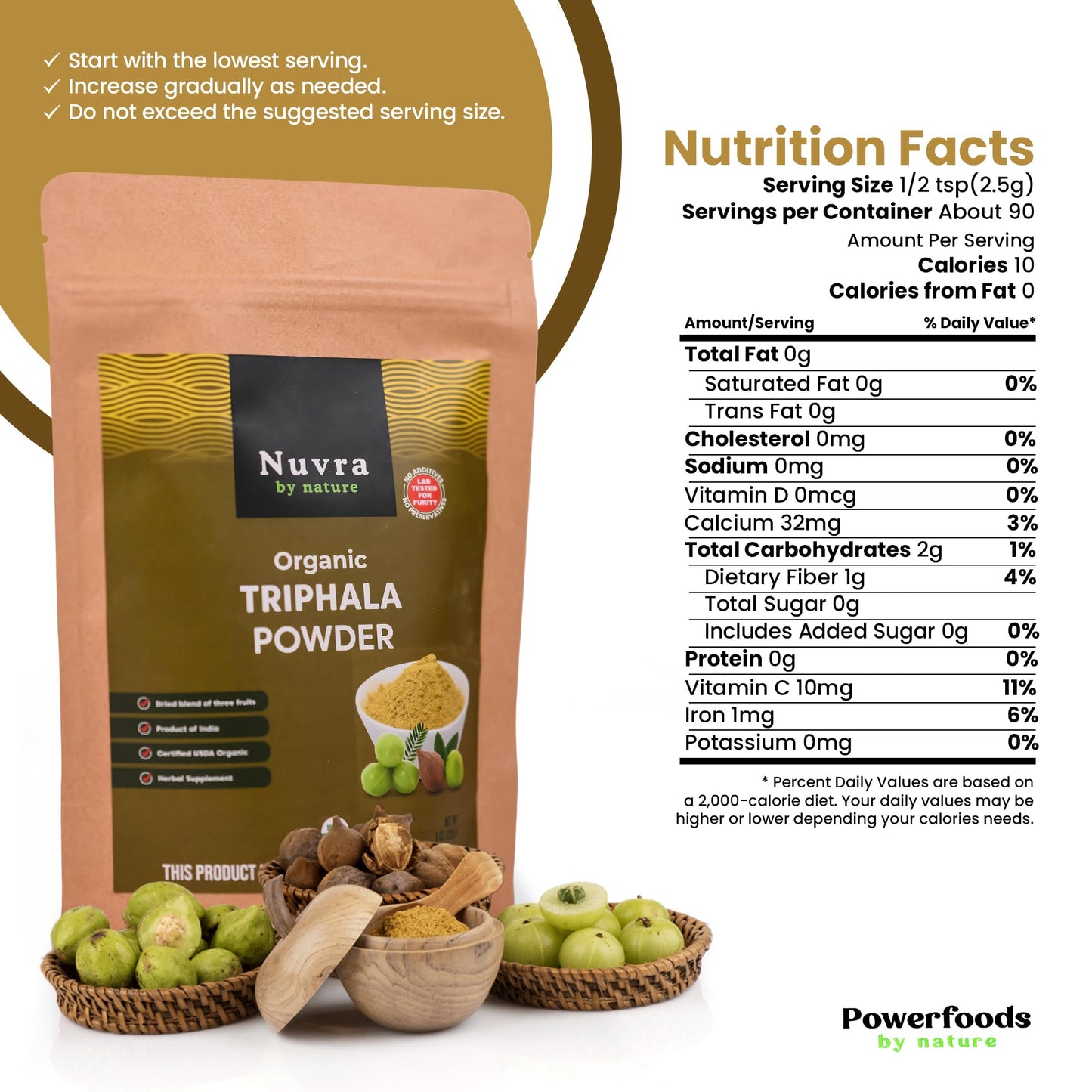 Nuvra by Nature Organic Triphala Powder - 8 oz | Herbal Mix of Amla, Bibhitaki and Haritaki | 100% Pure & Natural | Supports Immunity and Gut Health |