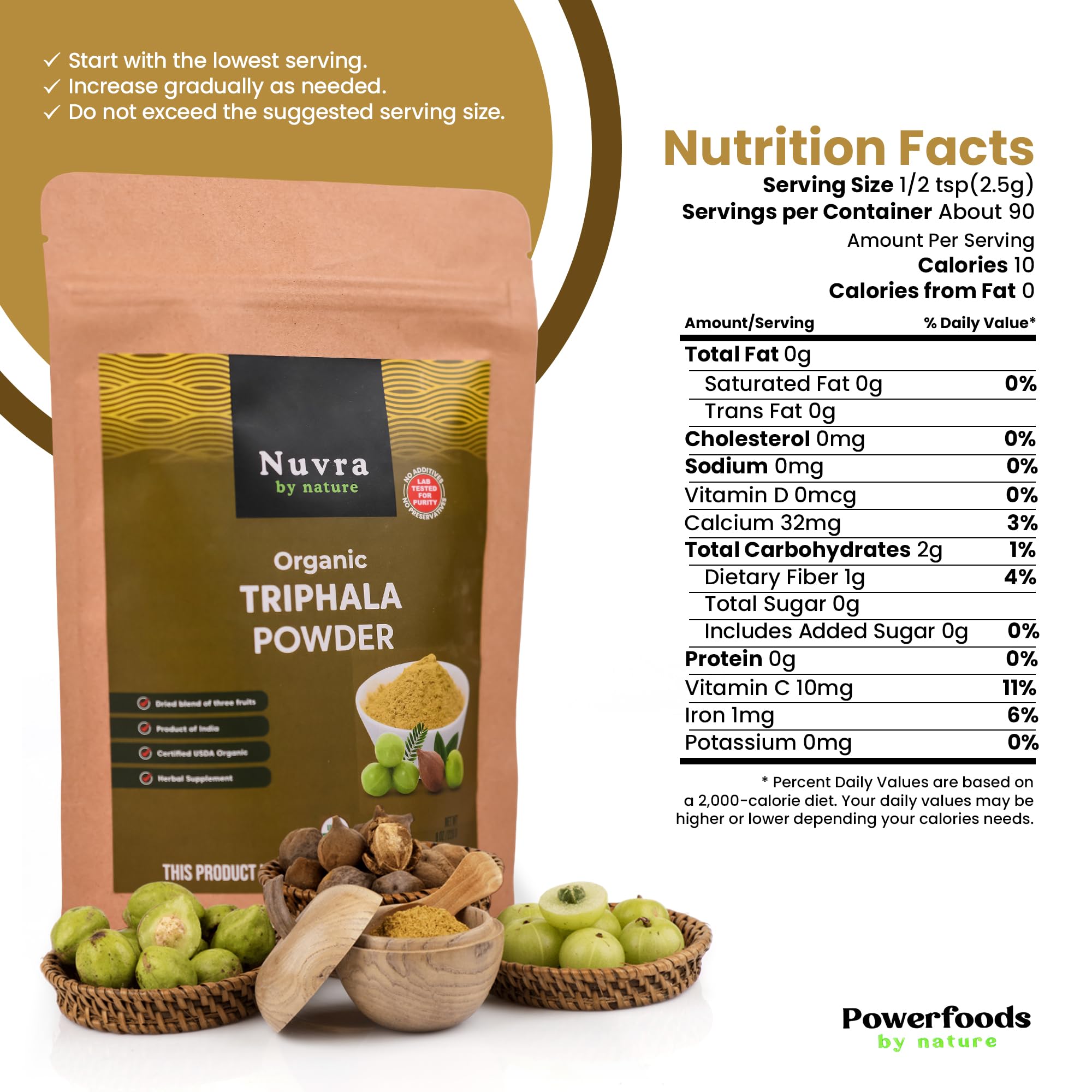 Nuvra by Nature Organic Triphala Powder - 8 oz | Herbal Mix of Amla, Bibhitaki and Haritaki | 100% Pure & Natural | Supports Immunity and Gut Health |