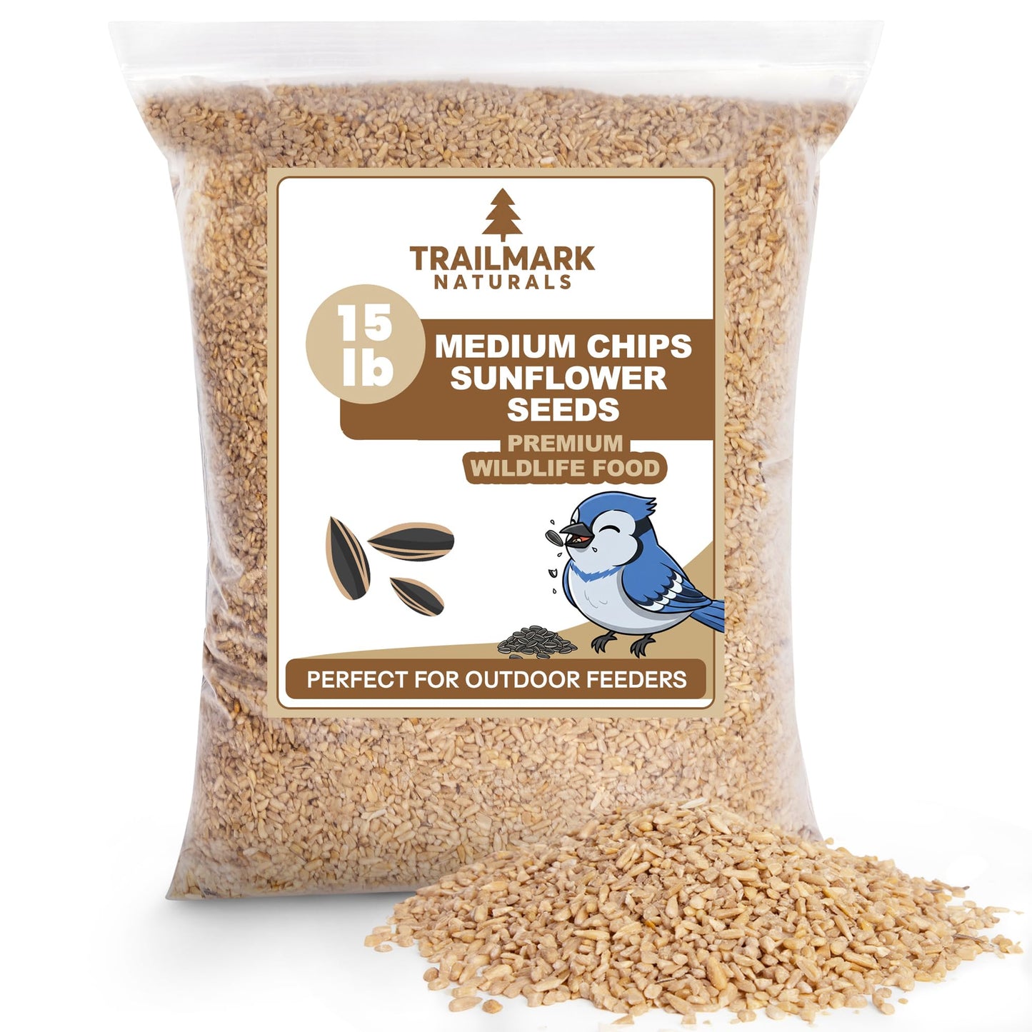 Trailmark Naturals 15 LB Medium Sunflower Chips, Shelled Seeds for Birds - Premium Wildlife & Bird Food - Grown in USA - Non-GMO - Medium Chip