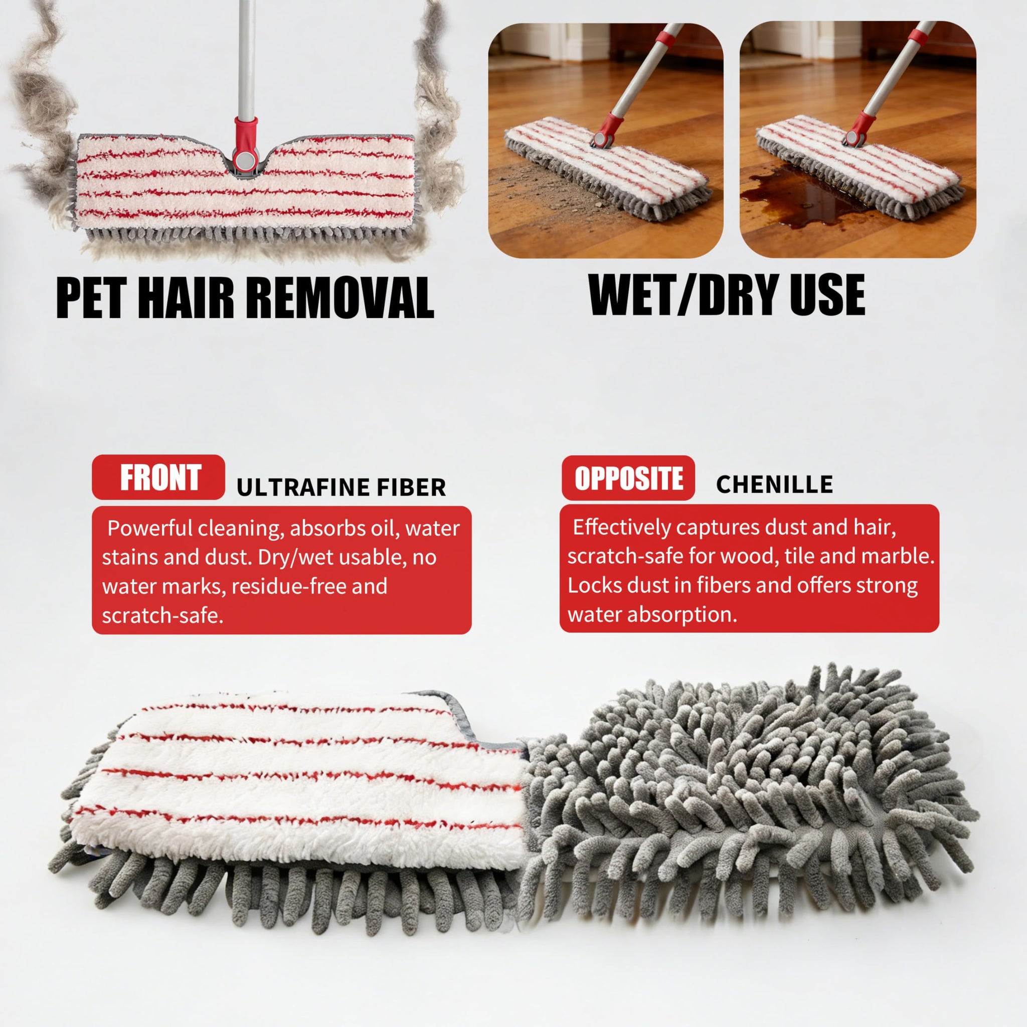 Microfiber Flat Mop 360° Rotating for Floor Cleaning, Wet Dry Dust Mop with 2 Washable Chenille Pads, Coated Iron Pole, Hardwood Floor Wall Baseboard