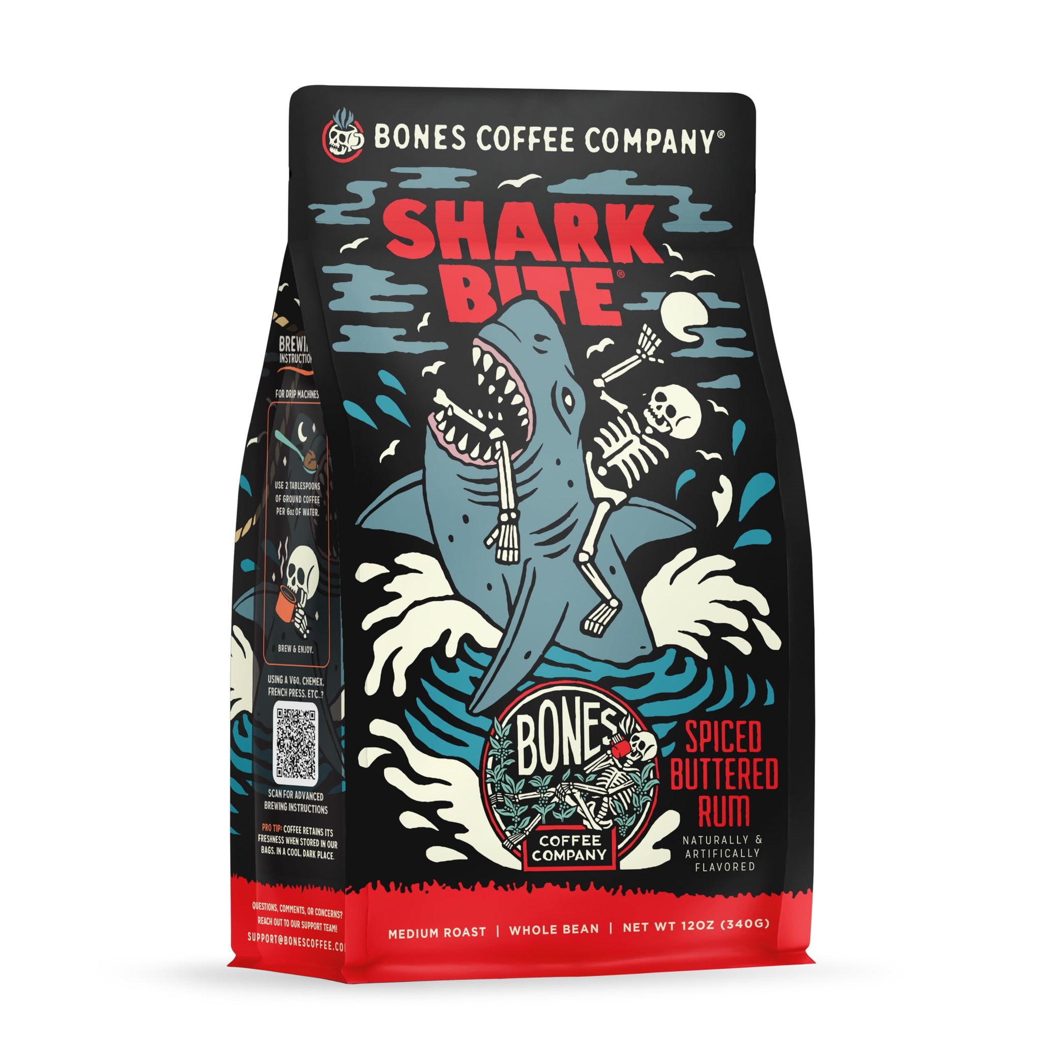 Bones Coffee Company Shark Bite, Buttered Rum Flavored Coffee, Medium Roast Low Acid Arabica Beans Compatible with Auto drip and French Press Coffee
