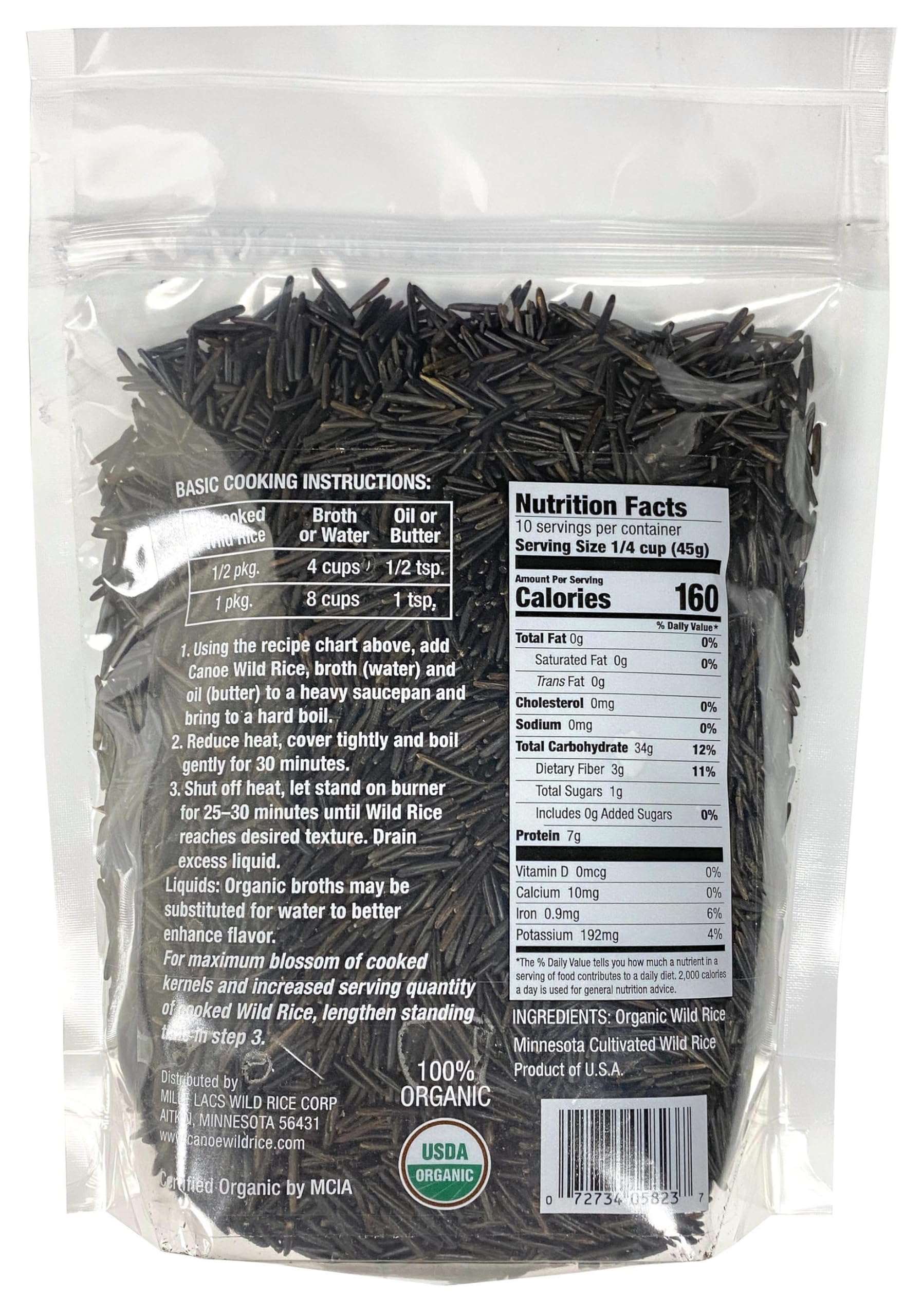 Canoe 100% Organic Whole Grain Wild Rice, Minnesota Harvested, 1 lb