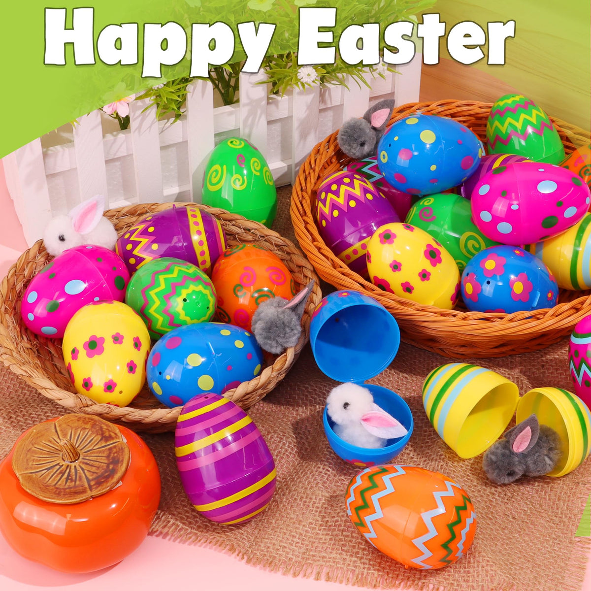 60 PCS 3.1" Plastic Printed Easter Eggs Bulk, Bright Colorful Fillable Empty Easter Eggs Bulks for Egg Hunt, Kids Easter Basket Stuffers Fillers