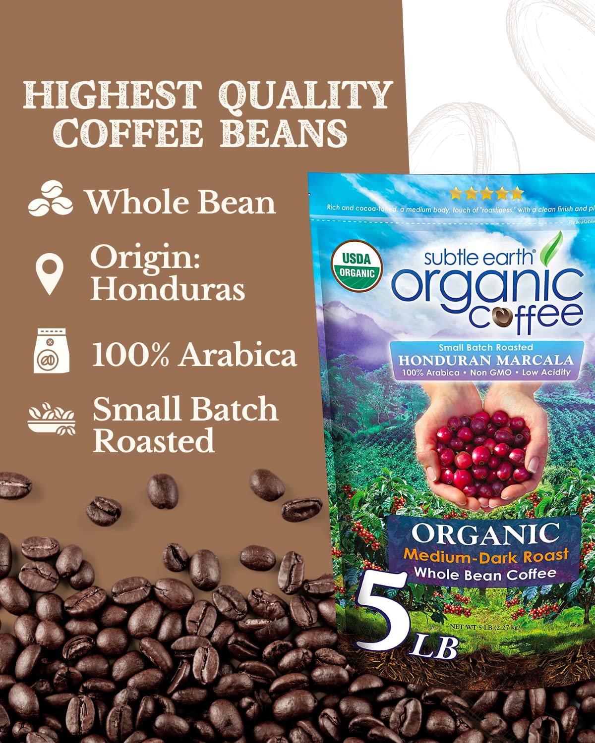 5LB Subtle Earth Organic Coffee - Medium Dark Roast - Whole Bean Coffee - 100% Arabica Beans - Low Acidity and Non-GMO - 5lb bag