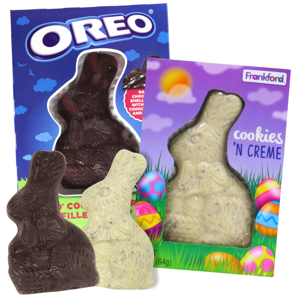 Cookies and Cream Easter Bunnies, Chocolate and Oreo Flavors, Classic Basket Stuffer Candy, 2 Ounces Each (Pack of 2)