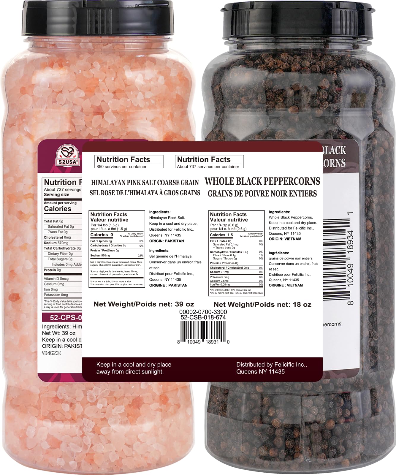 52USA Whole Black Peppercorns 18 oz + Himalayan Pink Salt (Coarse Grain) 39 oz, Salt and Pepper Grinder, Black Peppercorn Refil, Kosher Salt for