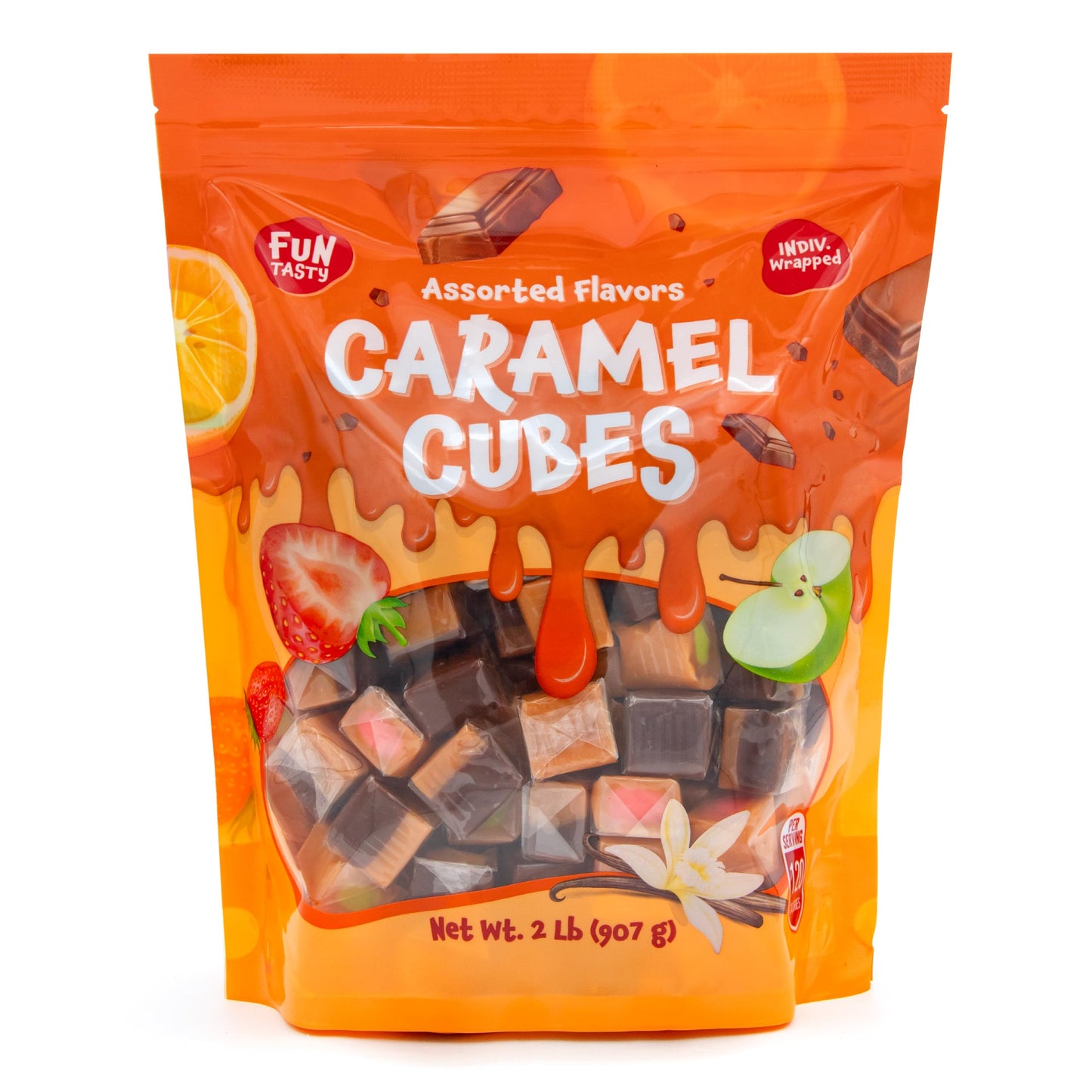 Caramel Candy Mix - 2 Pound Pack - 150 Count - Filled Caramels Individually Wrapped - Vanilla, Chocolate, Apple, and Strawberry Cubes - Creamy Chewy
