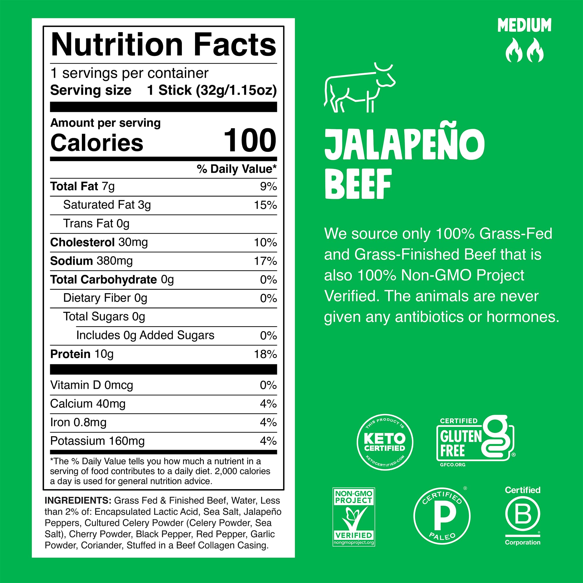 Chomps Grass-Fed and Finished Jalapeño Beef Jerky Snack Sticks 24-Pack - Keto, Paleo, Whole30, 10g Lean Meat Protein, Gluten-Free, Zero Sugar Food