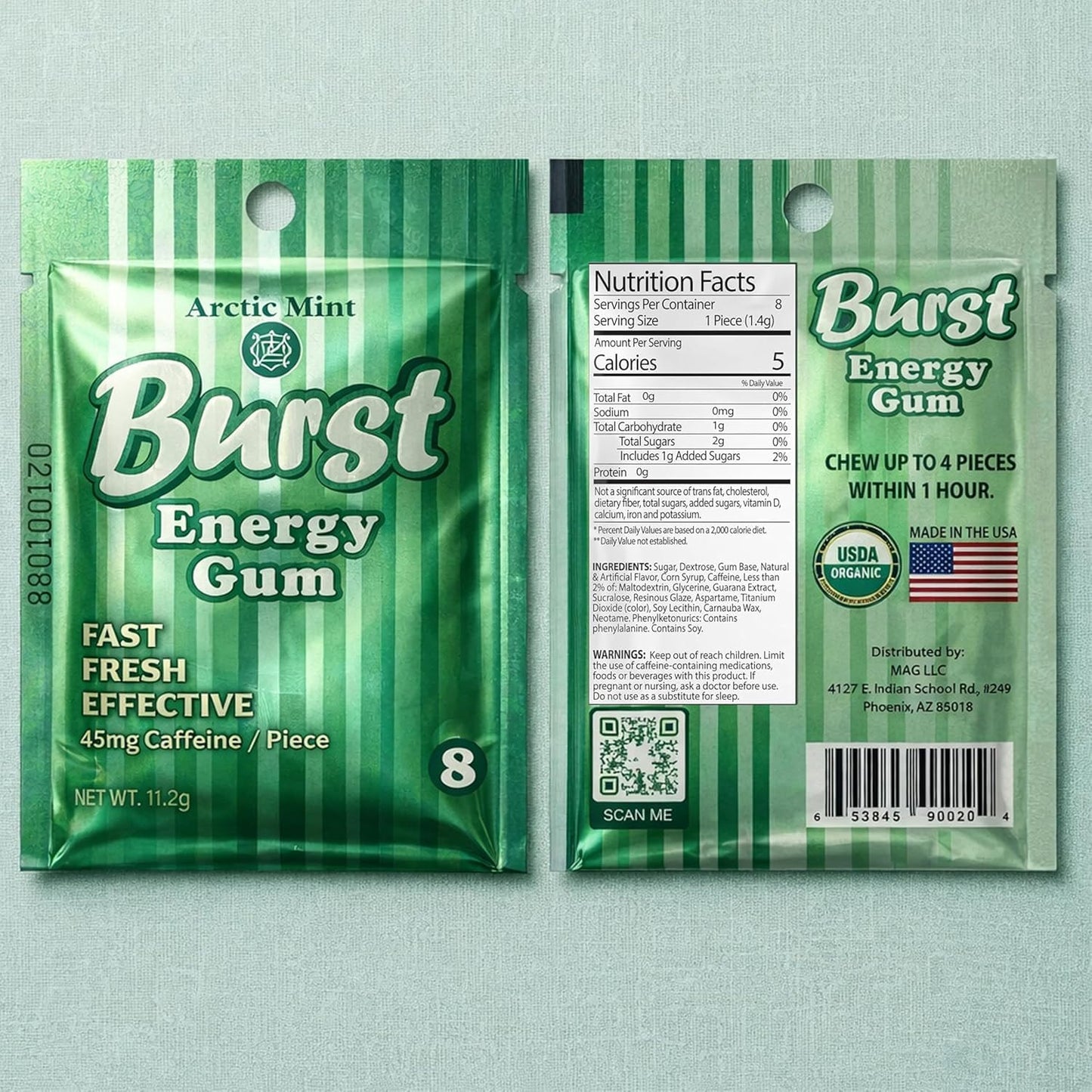Burst Energy Gum - 45mg Caffeine Per Piece, Focus & Energy Burst, Arctic Mint 12 Box-15 Packs of 8 (1440 Pieces), Manage Stress, Functional Gum