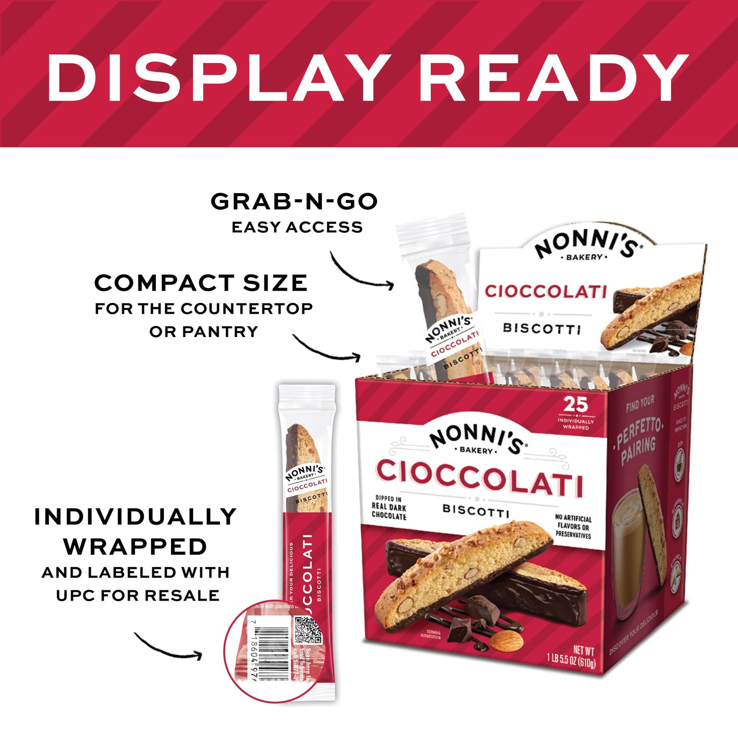 Nonni's Cioccolati Dark Chocolate Almond Biscotti Cookies - Individually Wrapped Italian Coffee Snack, Crunchy Twice-Baked, 21.5 oz Carton