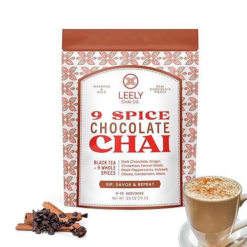 Leely Chai Co. Chocolate Masala Chai Loose Leaf. Real chocolate pieces. Small Batch, Black Tea & Whole Spices, Authentic Brew or Steep, 5OZ, 20 Cups