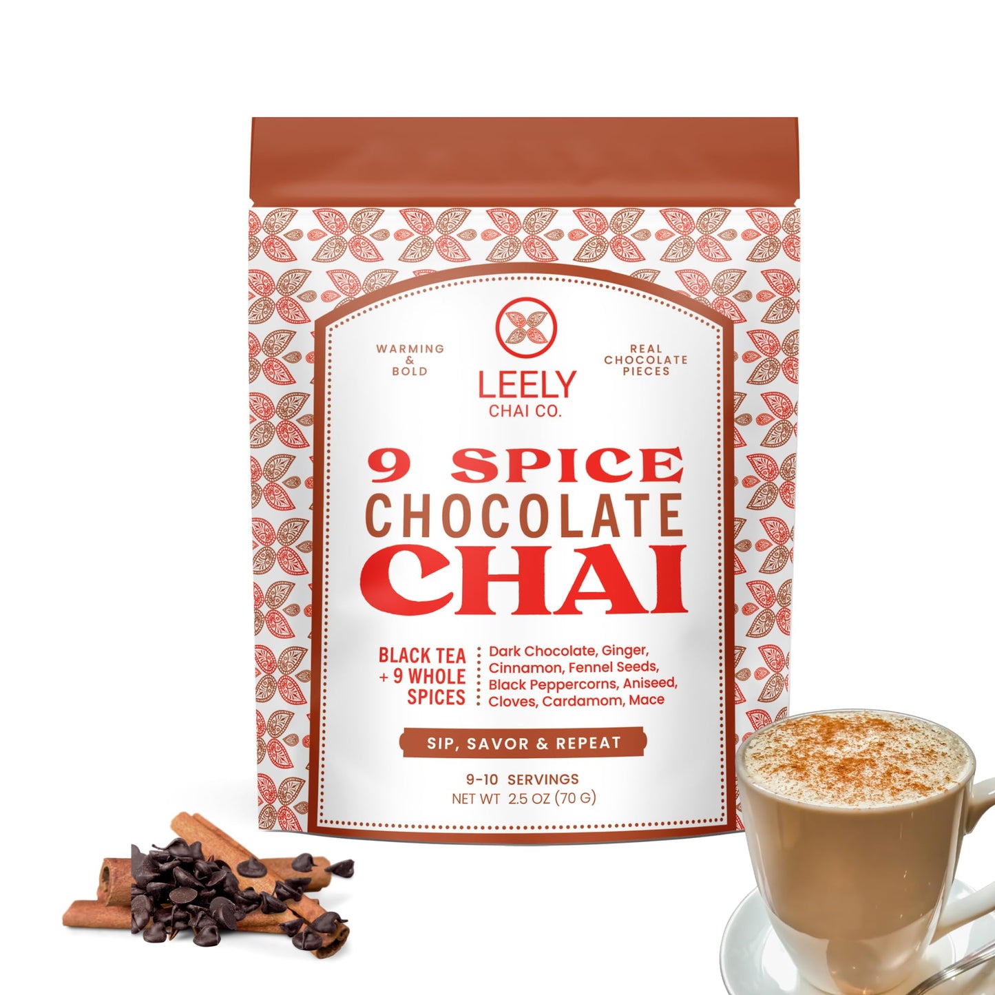 Leely Chai Co. Chocolate Masala Chai Loose Leaf. Real chocolate pieces. Small Batch, Black Tea & Whole Spices, Authentic Brew or Steep, 5OZ, 20 Cups