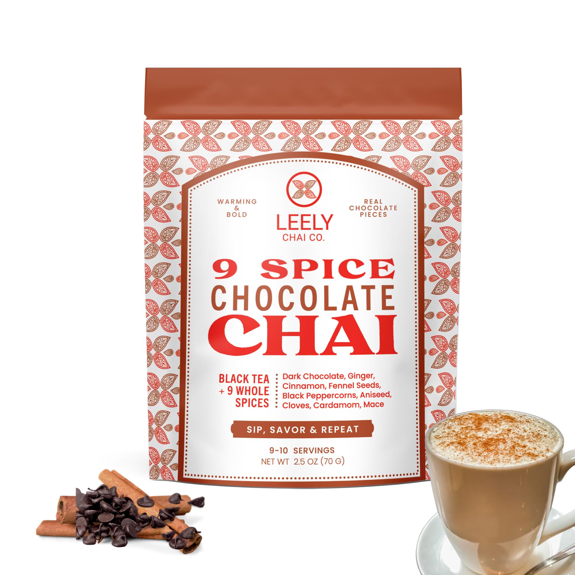 Leely Chai Co. Chocolate Masala Chai Loose Leaf. Real chocolate pieces. Small Batch, Black Tea & Whole Spices, Authentic Brew or Steep, 5OZ, 20 Cups