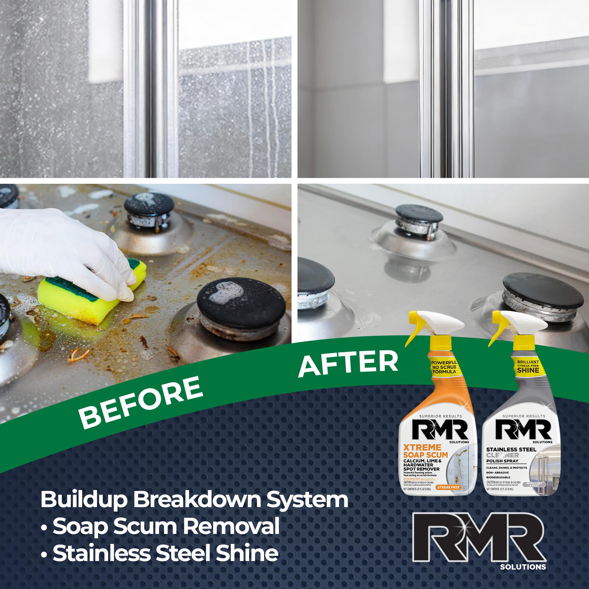 RMR Buildup Breakdown Bundle - Xtreme Soap Scum Remover + Stainless Steel Cleaner Polish, 2-Step Bathroom & Kitchen Cleaning Kit for Shower, Tub