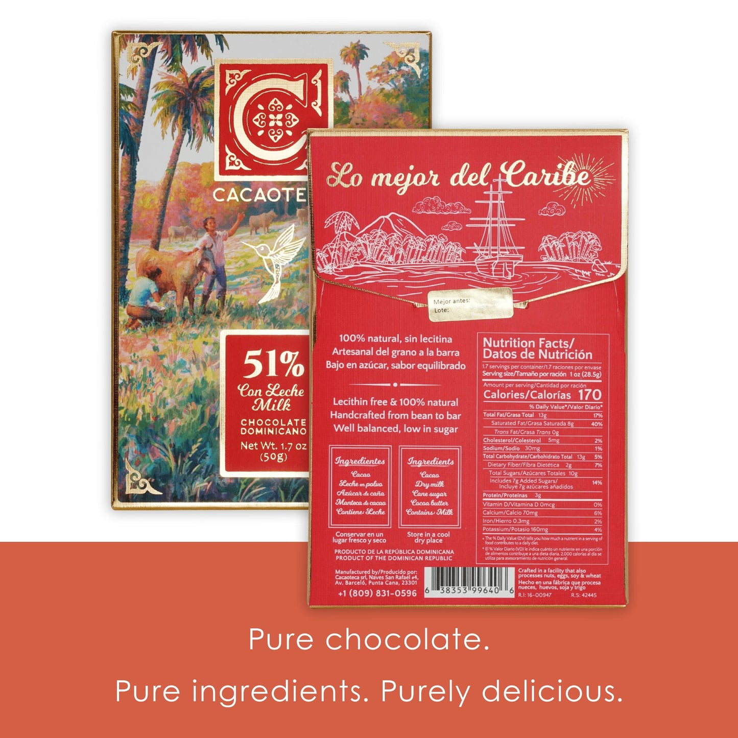Cacaoteca 51 Milk Chocolate 3 Pack - Dominican Chocolate - Bean-to-Bar, Direct Sourced - Gluten-Free - Bundle