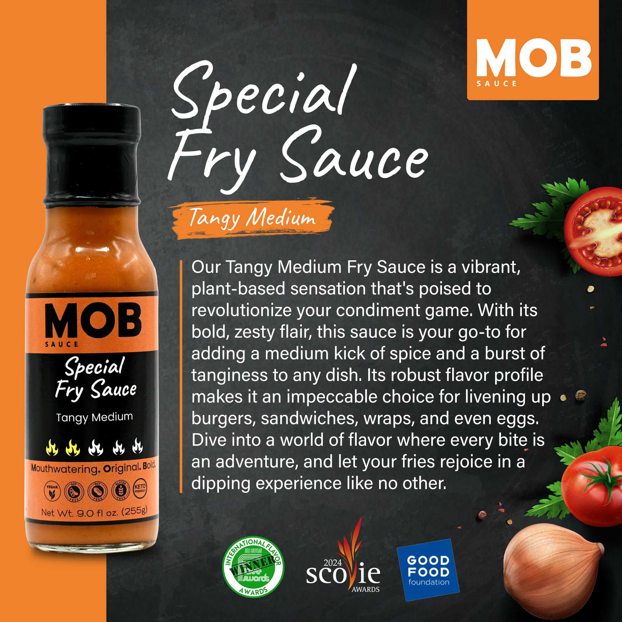 MOB Sauce Tangy Medium Special Fry Sauce - Tangy & Spicy, Plant-Based Condiment for Burgers & More that’s Vegan, Gluten-Free, Keto-Friendly