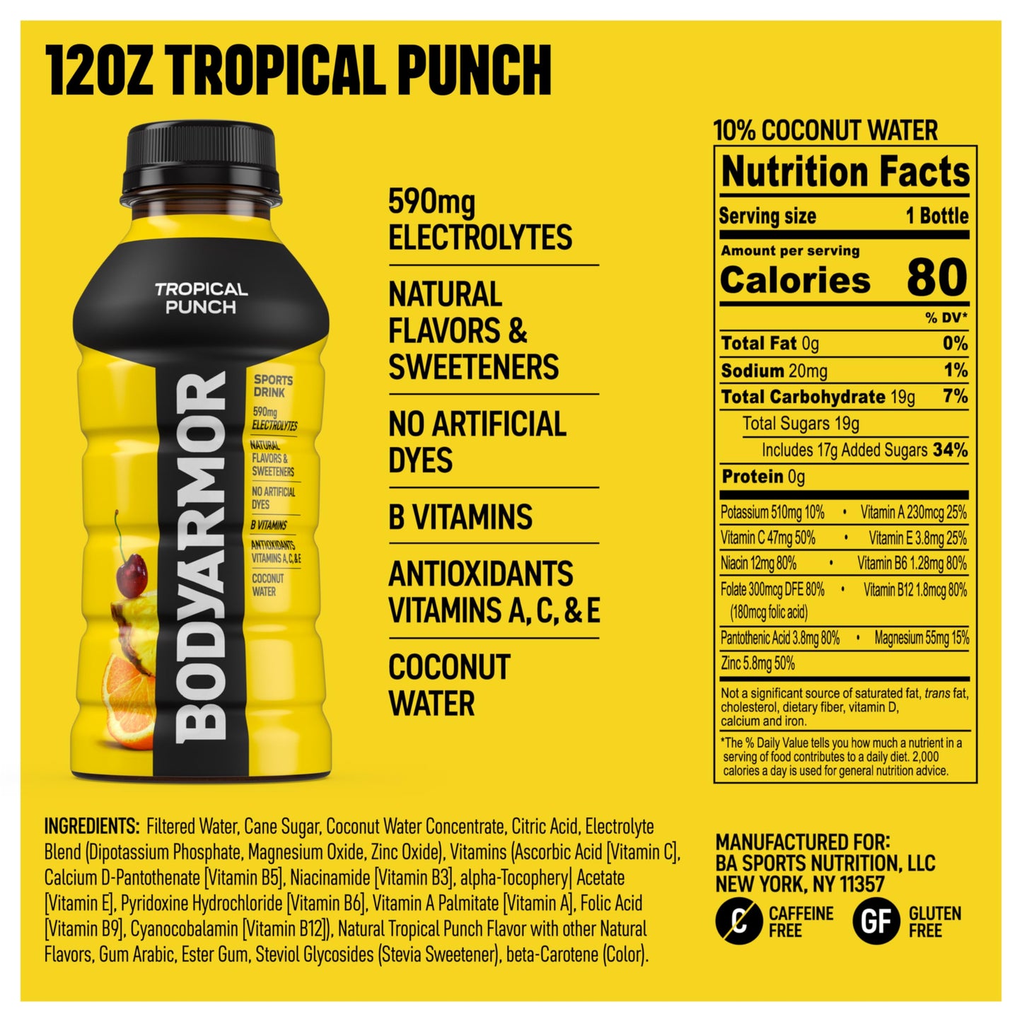 BODYARMOR Sports Drink, Tropical Punch, Electrolyte Drink Hydration, 12 Fl Oz Bottles (8 Pack), Flavored Coconut Water with B Vitamins & Antioxidants