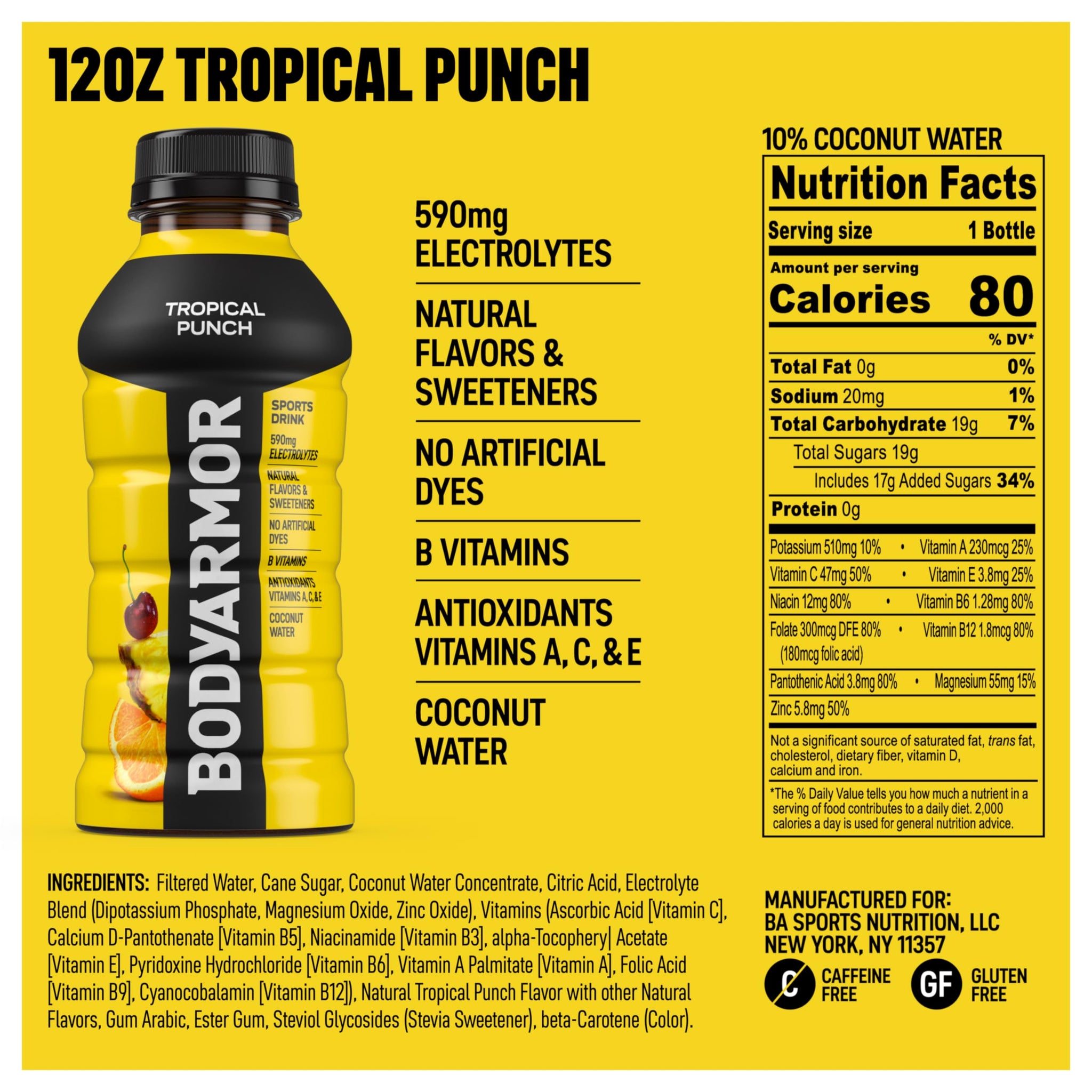 BODYARMOR Sports Drink, Tropical Punch, Electrolyte Drink Hydration, 12 Fl Oz Bottles (8 Pack), Flavored Coconut Water with B Vitamins & Antioxidants
