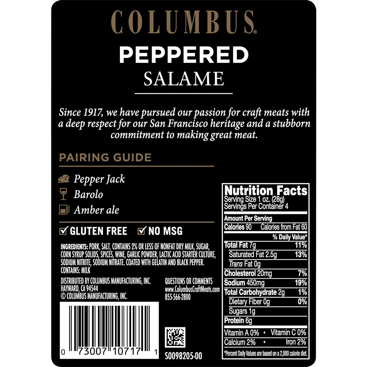 COLUMBUS Salami Sliced and Peppered, Italian, Authentic Flavor For Charcuterie Boards, Sandwiches, and Lunch Meat Deli, 4 oz