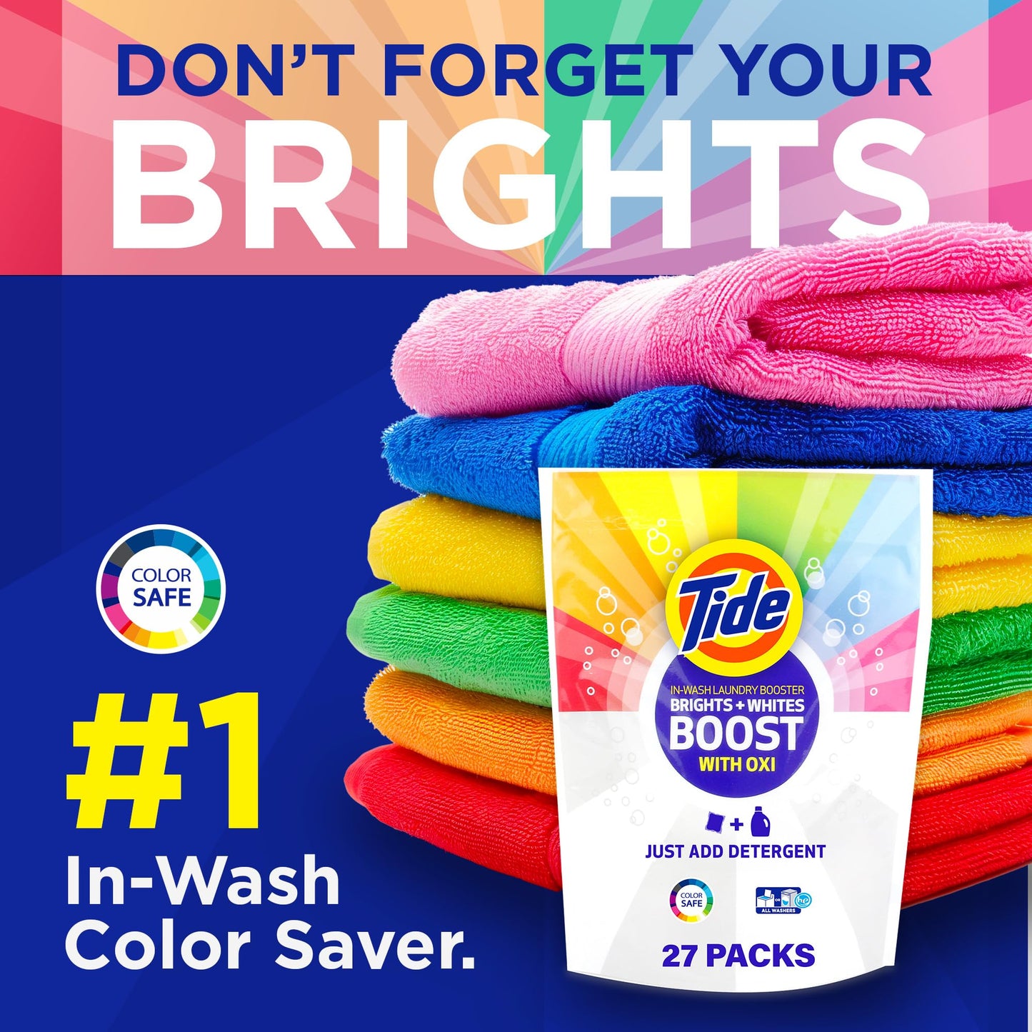 Tide Brights & Whites Odor Rescue, In Wash Odor Eliminator with Oxi, Scent Booster, Removes Odors in a Single Wash, 27 Count (Pack of 1)