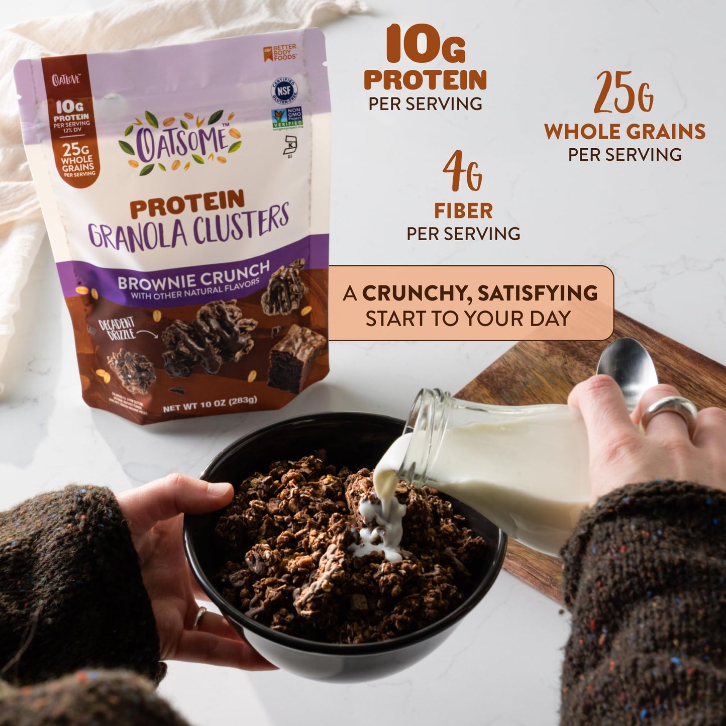 Oatsome Protein Granola Clusters Brownie Crunch, 10g Plant-Based Protein, Gluten Free, Made with Dark Chocolate Pieces & Whole Grain Oats, for Snack