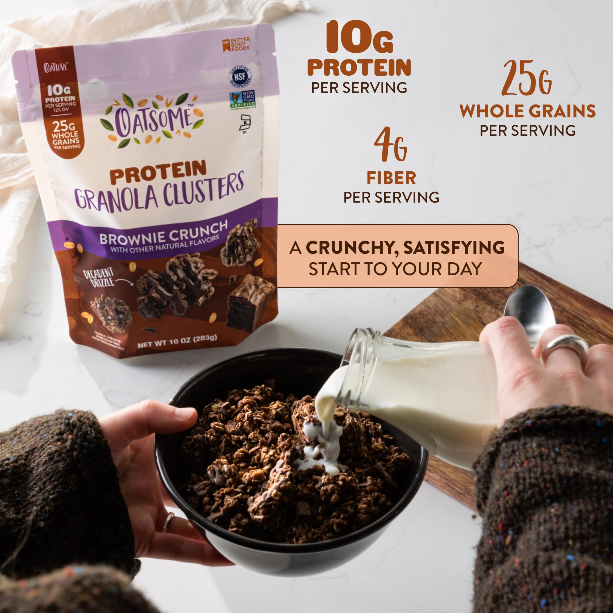 Oatsome Protein Granola Clusters Brownie Crunch, 10g Plant-Based Protein, Gluten Free, Made with Dark Chocolate Pieces & Whole Grain Oats, for Snack