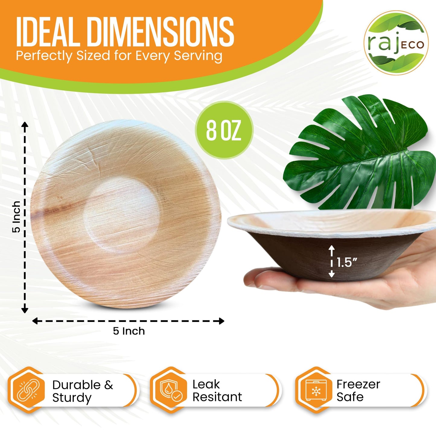 Raj Disposable Palm Leaf Bowls (25 Count, 5" Bowls) Strong Bowl Like Bamboo Party Bowl - Decorative Compostable Tableware for Lunch, Dinner, Birthday