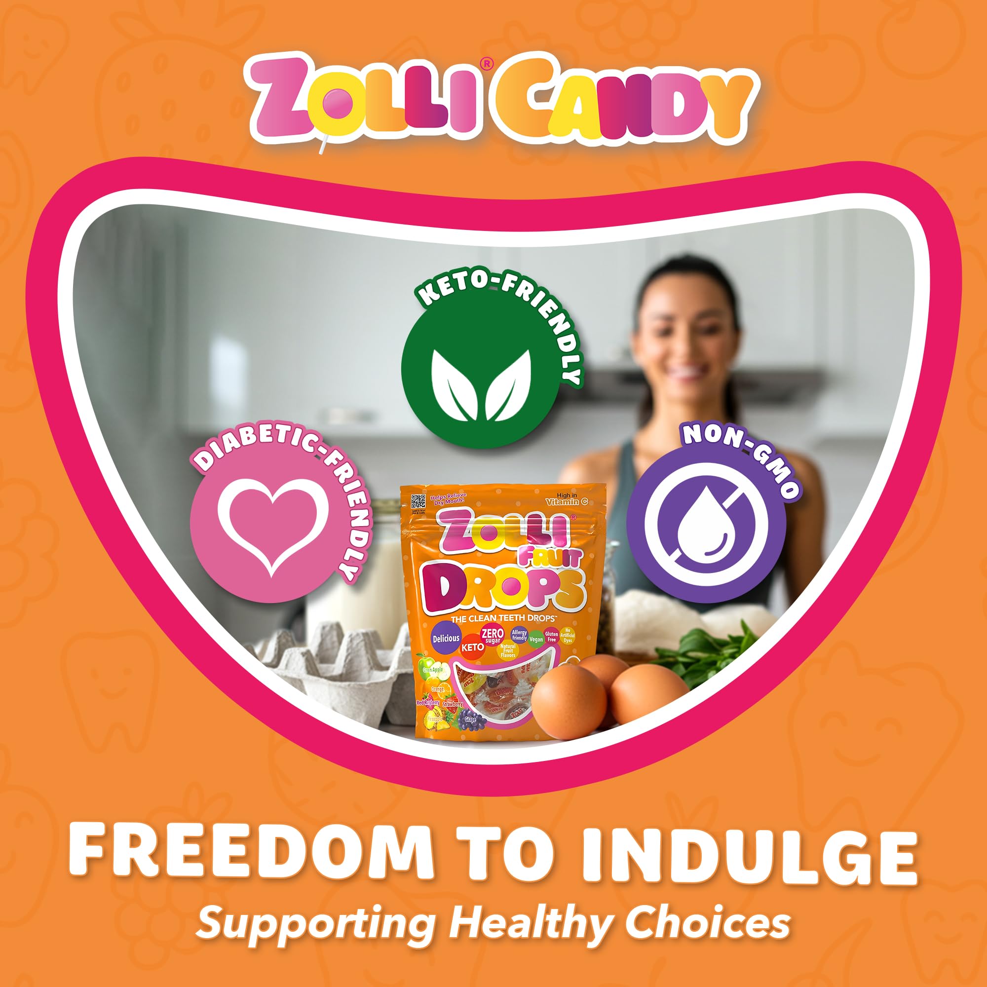 Zolli Fruit Drops Clean Teeth Candy Sugar-Free with Xylitol, Dye-Free, Keto & Diabetic-Friendly, Dentist-Approved Treats for Kids (Natural Fruit