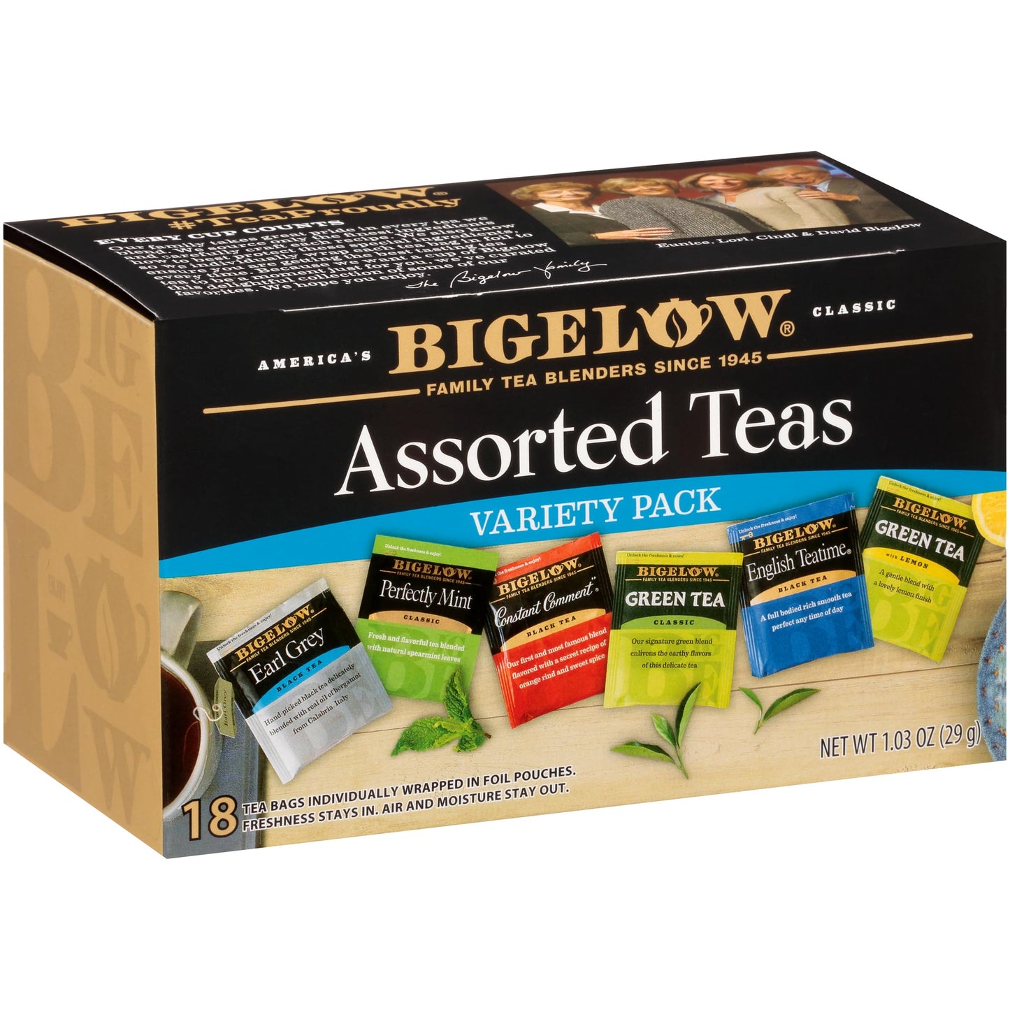 Bigelow Tea Assorted Black Tea and Green Teas Variety Pack, Caffeinated Tea with Black and Green Tea Varieties, 18 Count Box (Pack of 6), 108 Total