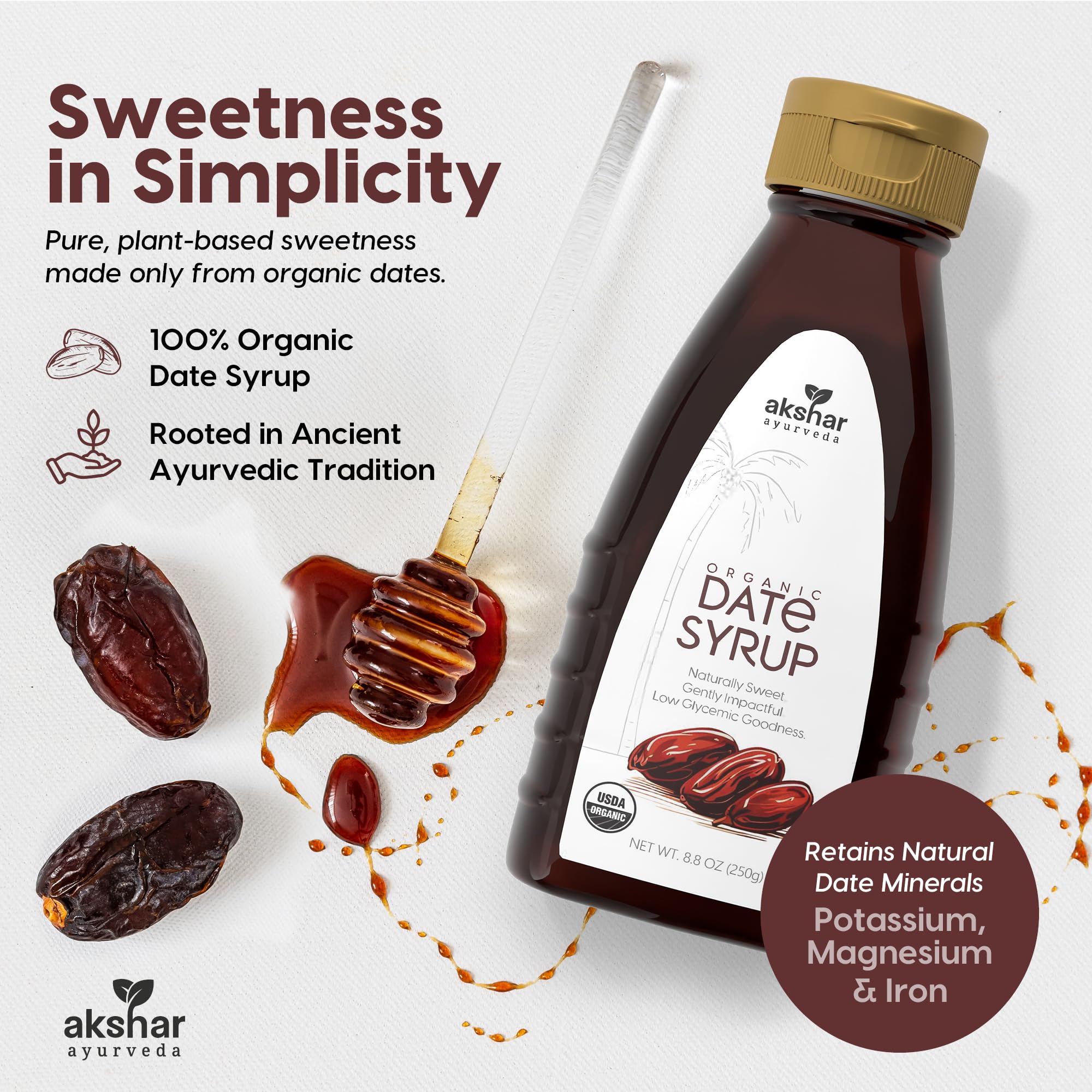 AKSHAR Ayurveda - Pure Date Syrup, Organic, No Sugar Added - Natural Sweetener Made from 100% USDA Raw Organic Dates - Low Glycemic Index, High Fiber Alternative to Sugar, Honey, Maple Syrup (8.8 oz)