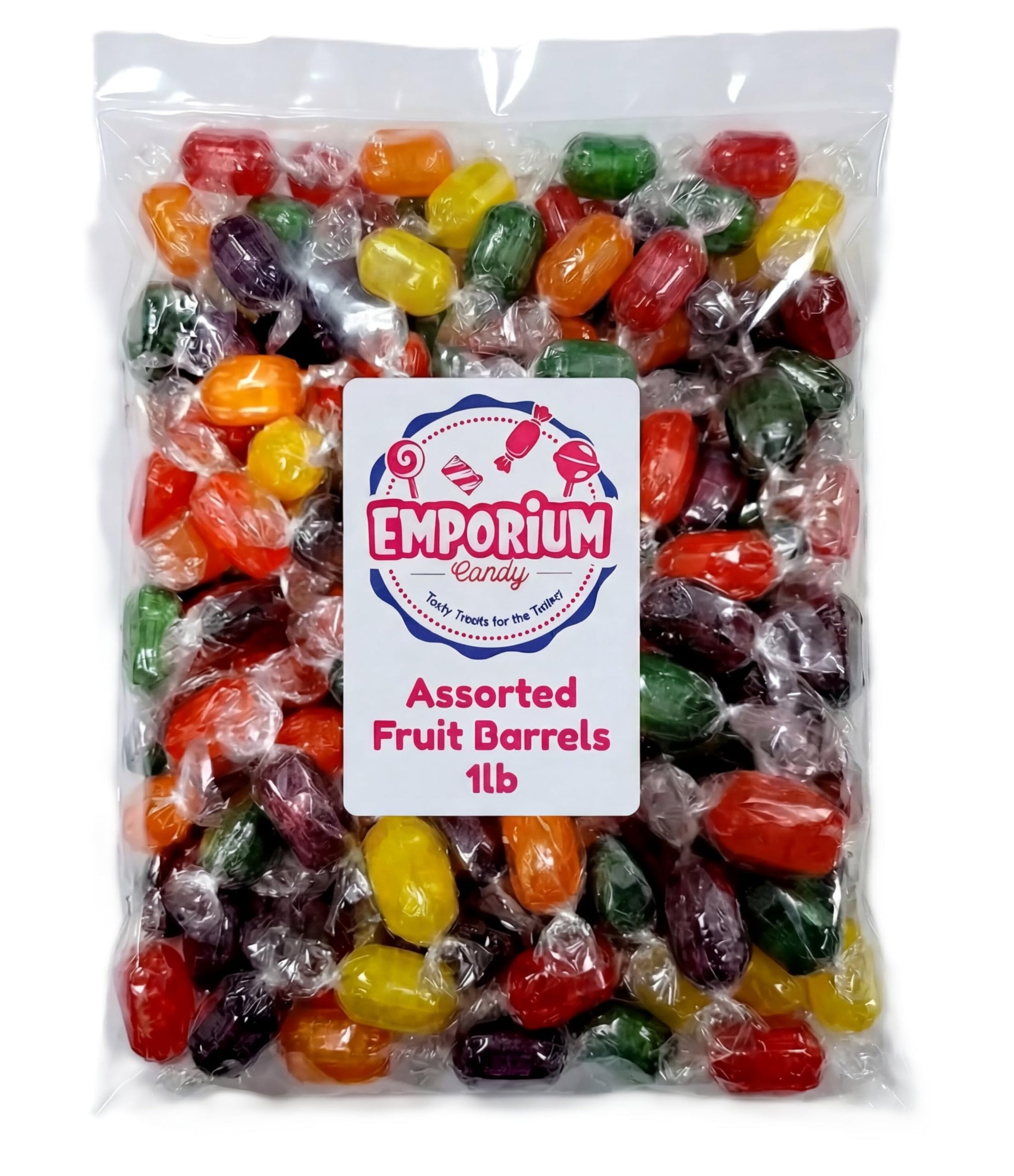Assorted Hard Candy Fruit Barrels - 1 lb Bulk Individually Wrapped Orange, Cherry, Apple, Lemon, Grape Fresh and Sweet