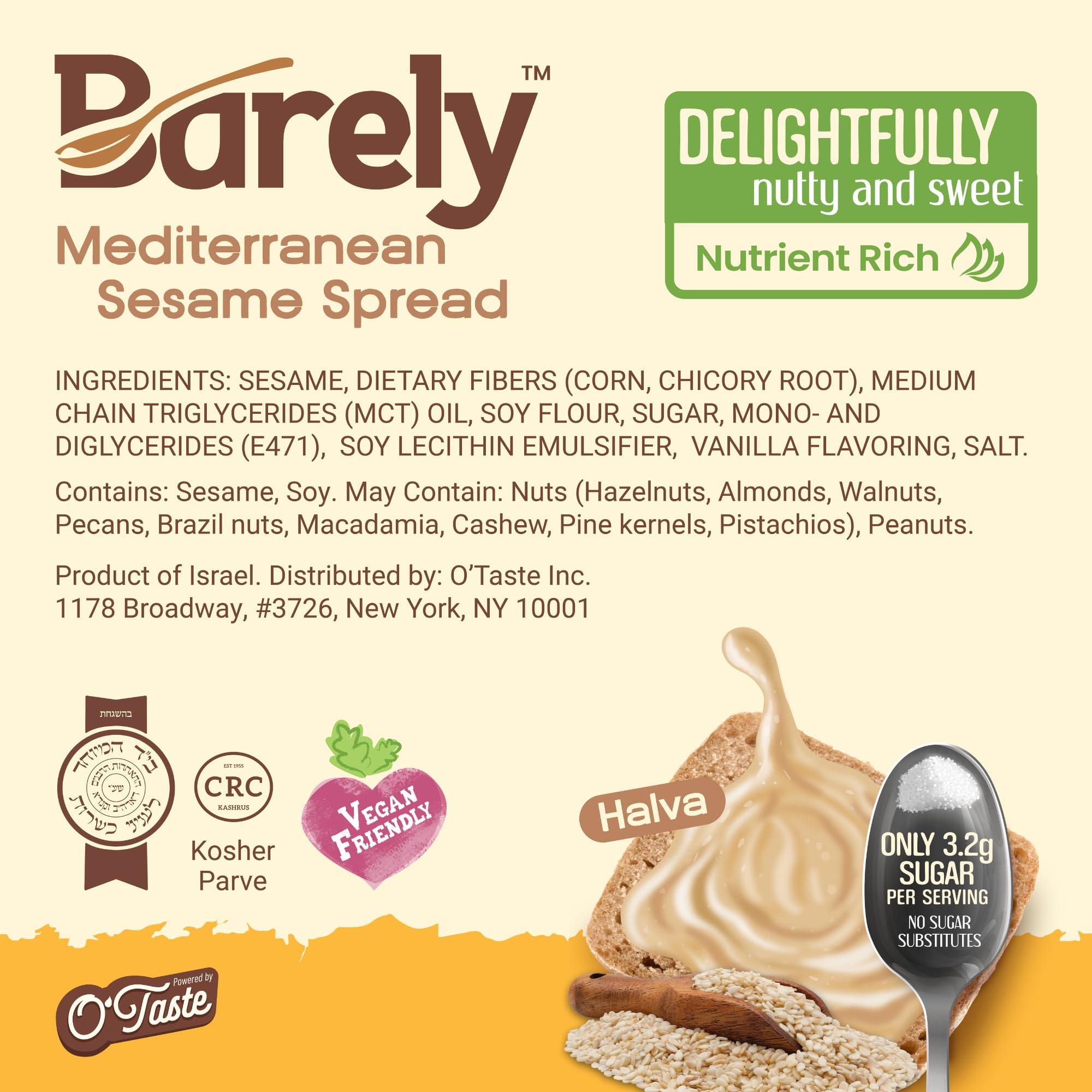 Sweet Mediterranean Sesame Spread by Barely, Low Sugar & No Artificial Sweeteners, Keto Friendly, Deliciously Nutty & Sweet Halva Spread, 3.2 g Cane