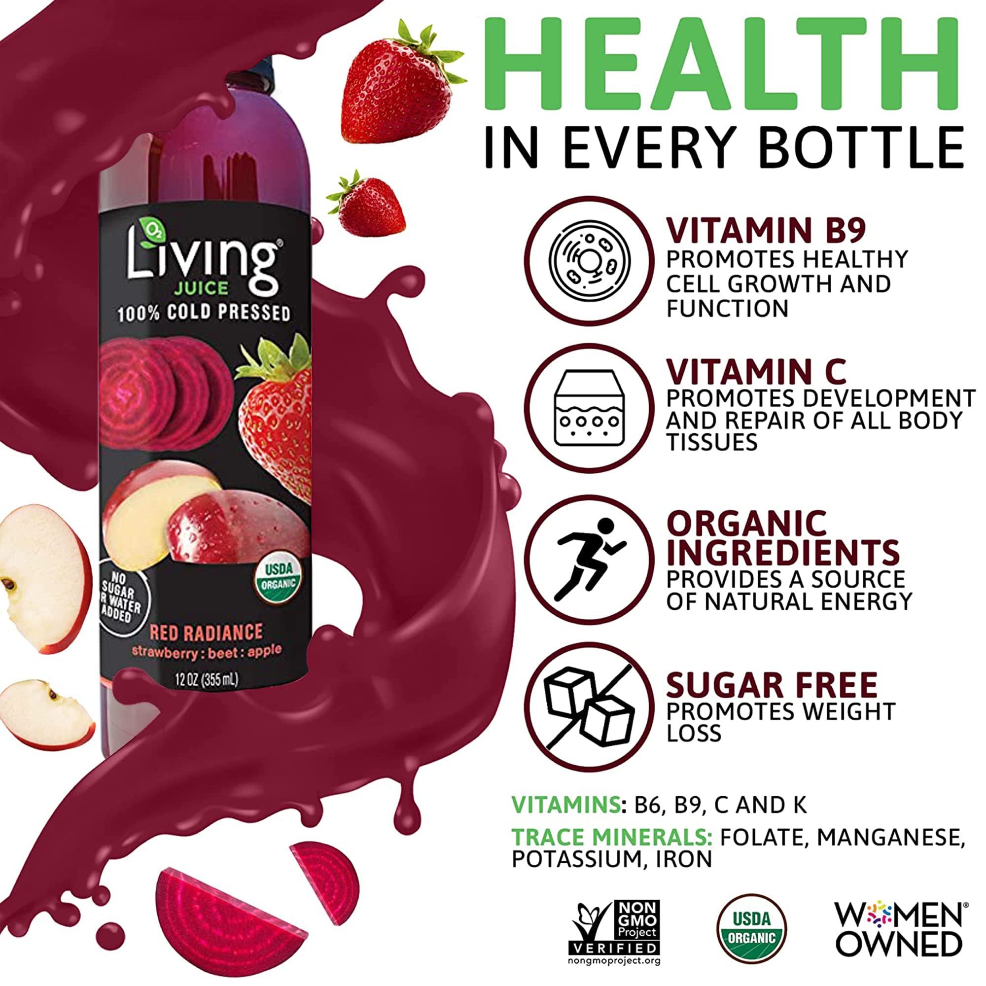 O2 Living Juice Cold Pressed Drink - Red Radiance Organic Juice Pack - No Added Sugar or Water, Naturally Sweetened from Fruits, Rich in Nutrients