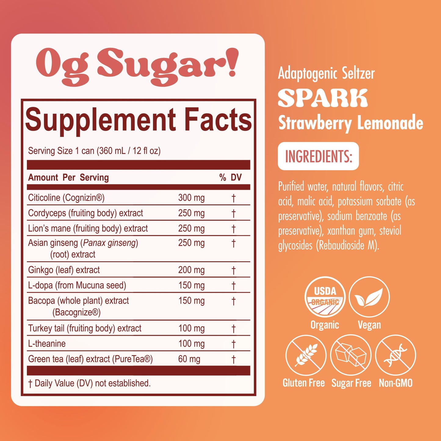 Polkadot Spark Seltzer, Strawberry Lemonade Flavor, Sparkling Drink with L-Theanine, Lion’s Mane, Ginkgo, and Green Tea, Zero Sugar Beverage, 12 FL Oz
