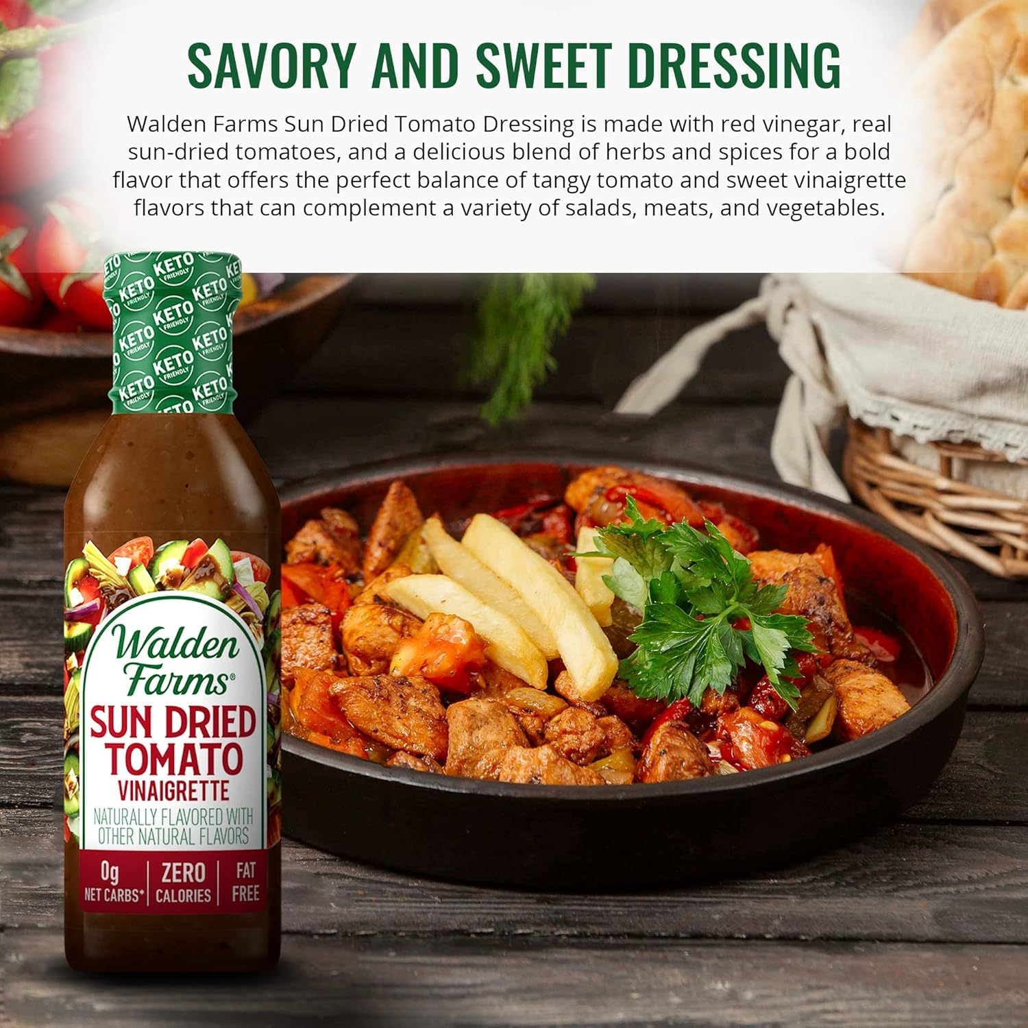 Walden Farms Sun Dried Tomato Vinaigrette - Calorie-Free, Low Carb, Keto-Friendly, Vegan, Sugar-Free Dressing with Rich Tomato & Herb Flavor - 12 oz