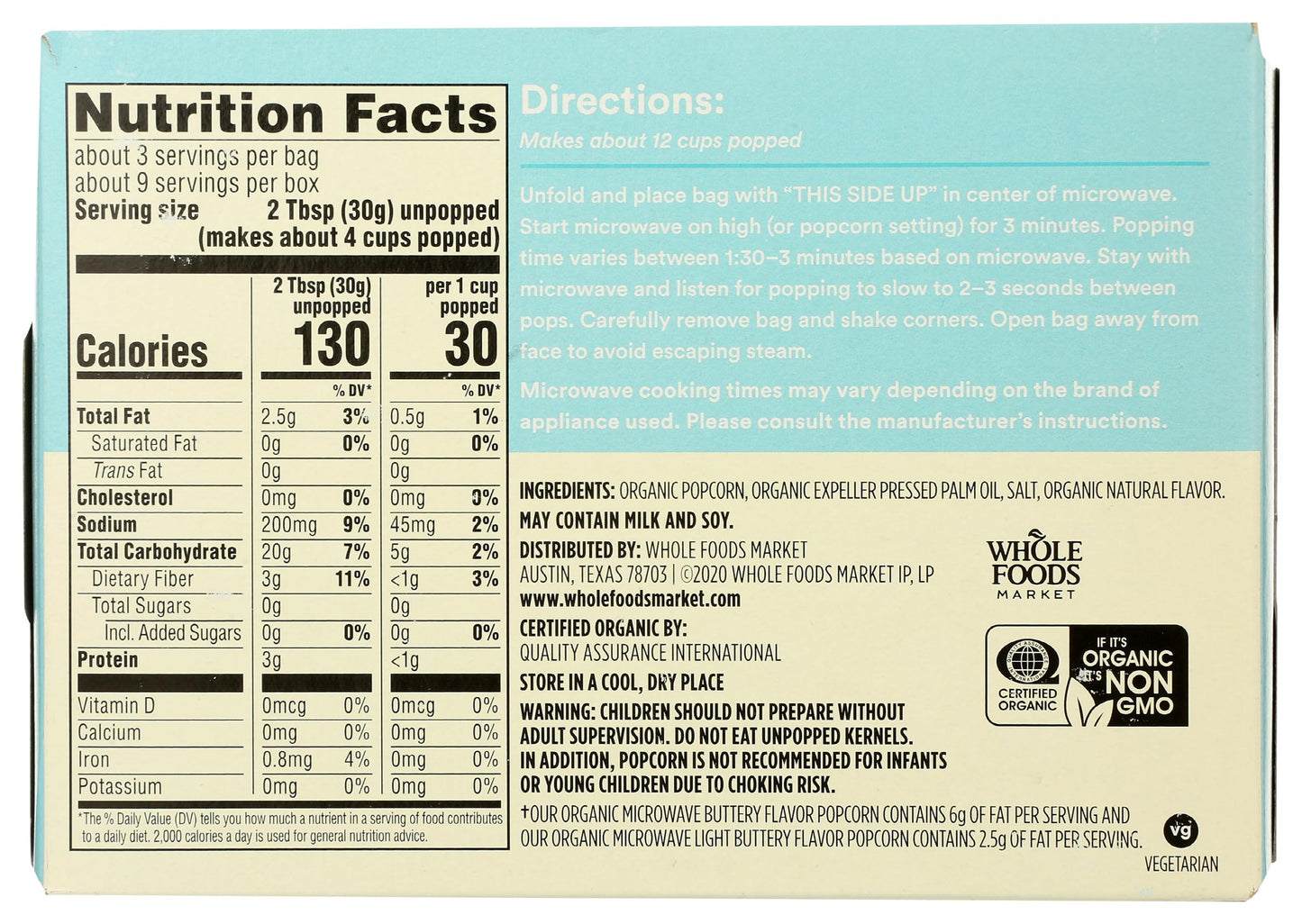 365 by Whole Foods Market, Organic Light Butter Microwave Popcorn, 9 Ounce