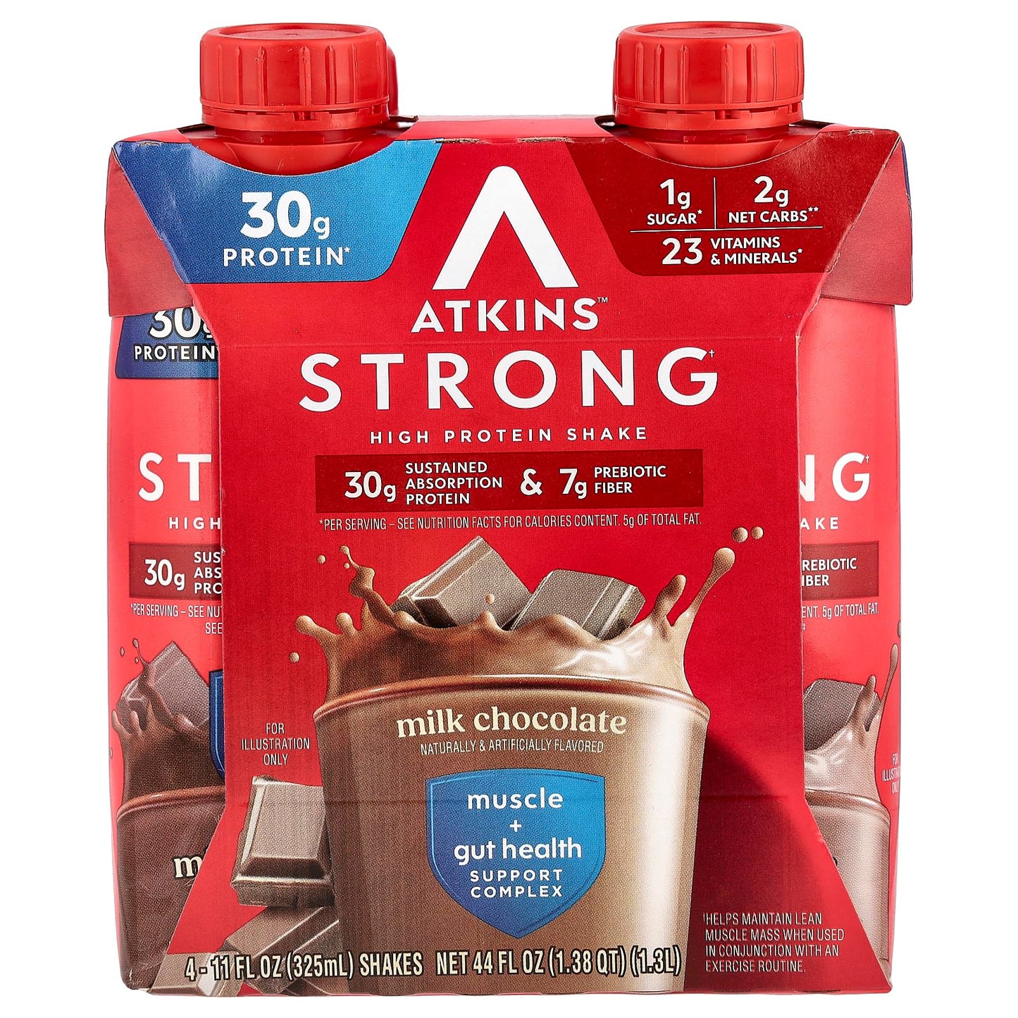 Atkins Strong High Protein Shake, Milk Chocolate, 30g Protein, 7g Prebiotic Fiber, Muscle & Gut Health Support Complex, 4 Count