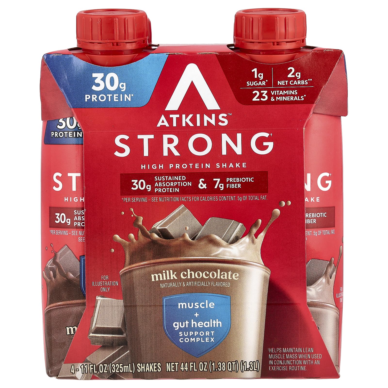 Atkins Strong High Protein Shake, Milk Chocolate, 30g Protein, 7g Prebiotic Fiber, Muscle & Gut Health Support Complex, 4 Count