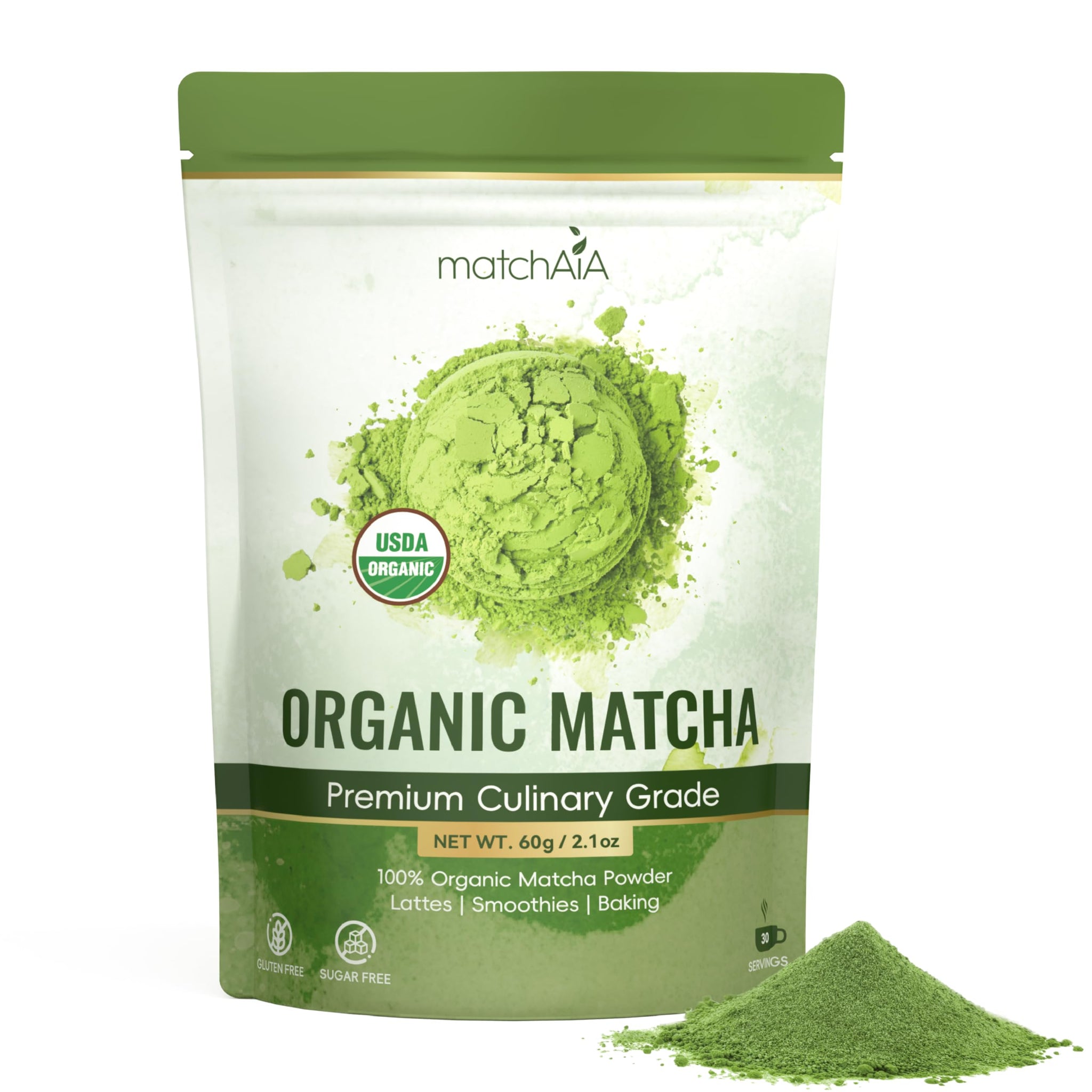 MatchAiA Organic Matcha Green Tea Powder - Premium Culinary Grade, USDA Certified, 100% Pure - Perfect for Lattes, Smoothies, Desserts and Baking