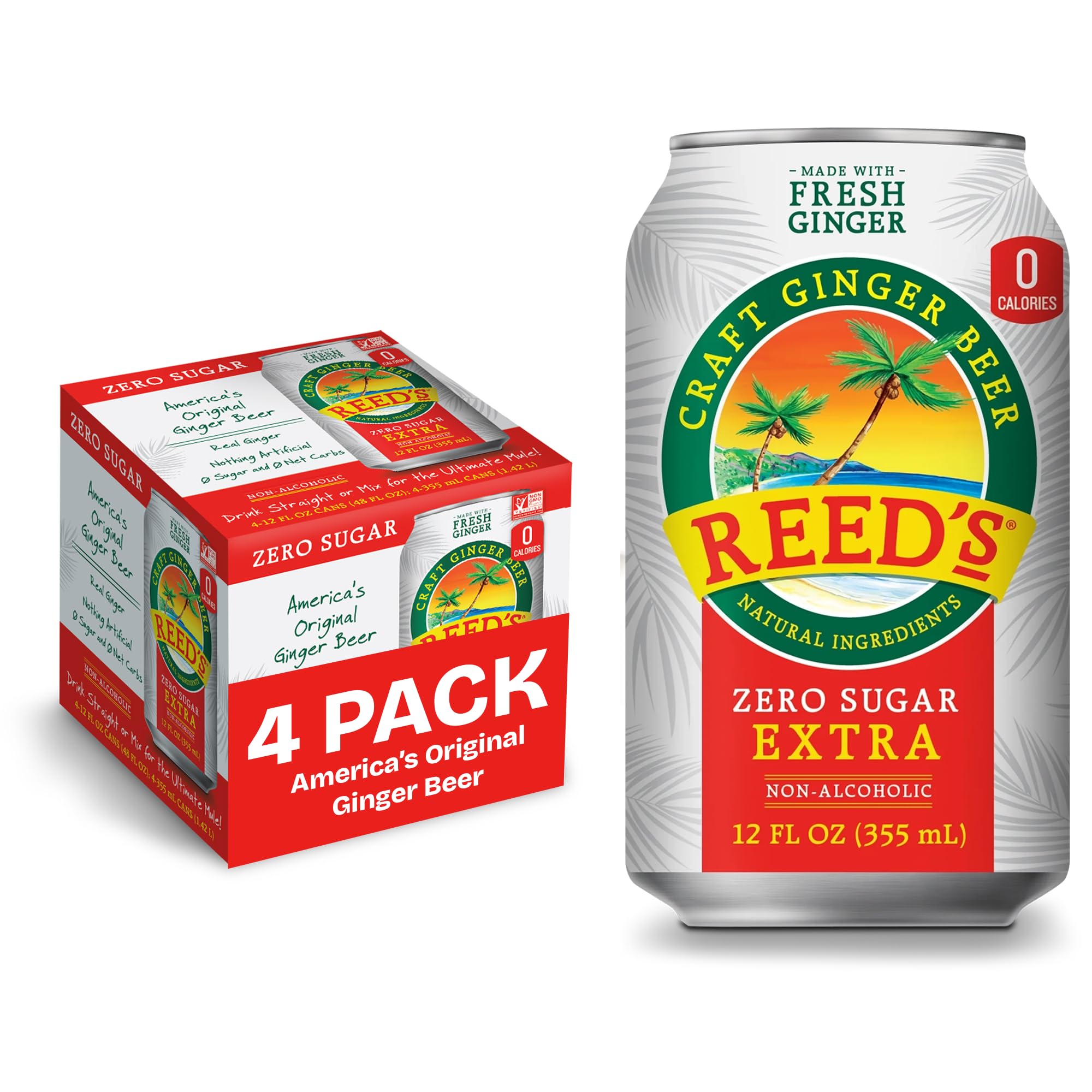 Reed's Zero Sugar Extra Ginger Beer, Pack of 4 (12fl oz Can each) - Non-Alcoholic Jamaican Real Ginger Brew, Sweetened w/Stevia - Ideal Moscow Mule
