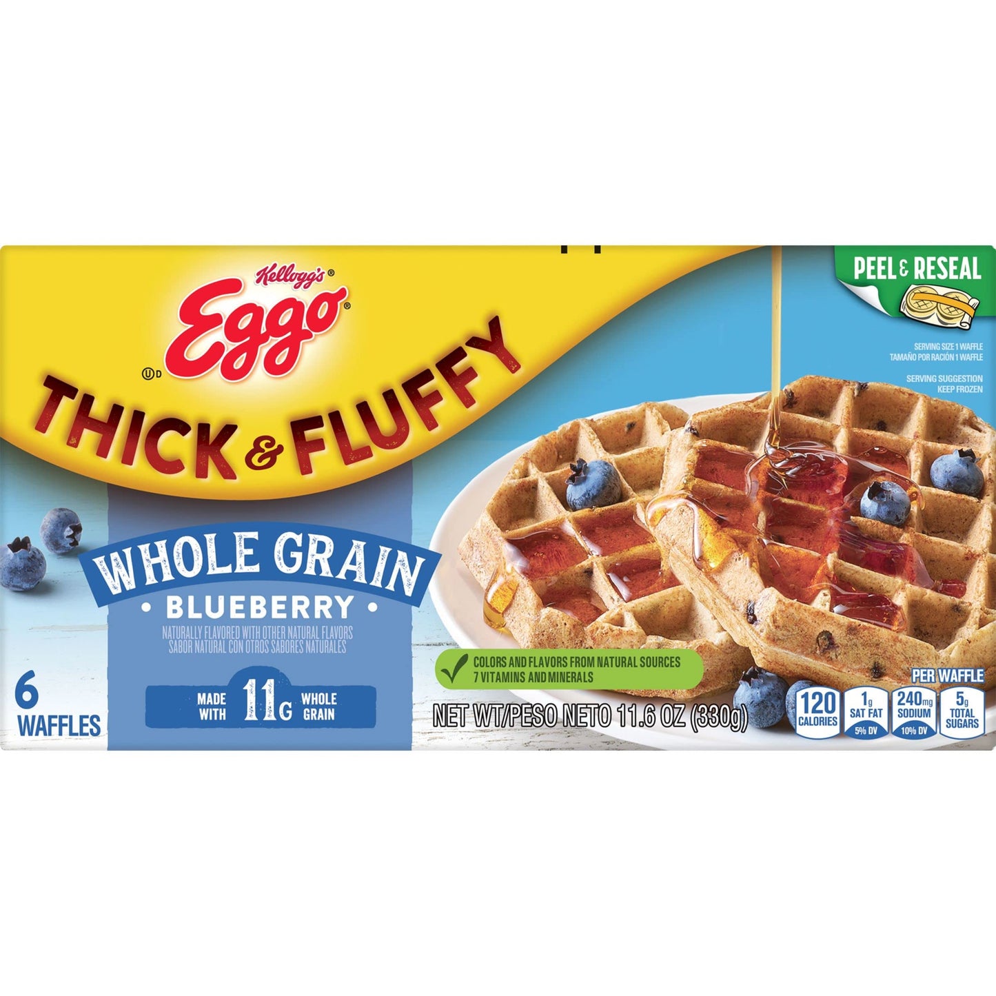 Eggo Thick and Fluffy Frozen Waffles, Frozen Breakfast, Resealable, Blueberry, 11.6oz Box (6 Waffles)
