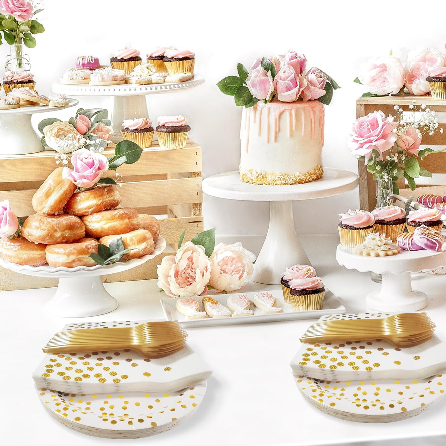 WXLDGHQ White and Gold Paper Plates Napkins Party Supplies,Disposable Gold Dot Paper Dessert Plates,105 PCS Birthday Plates and Napkins Party Supplies