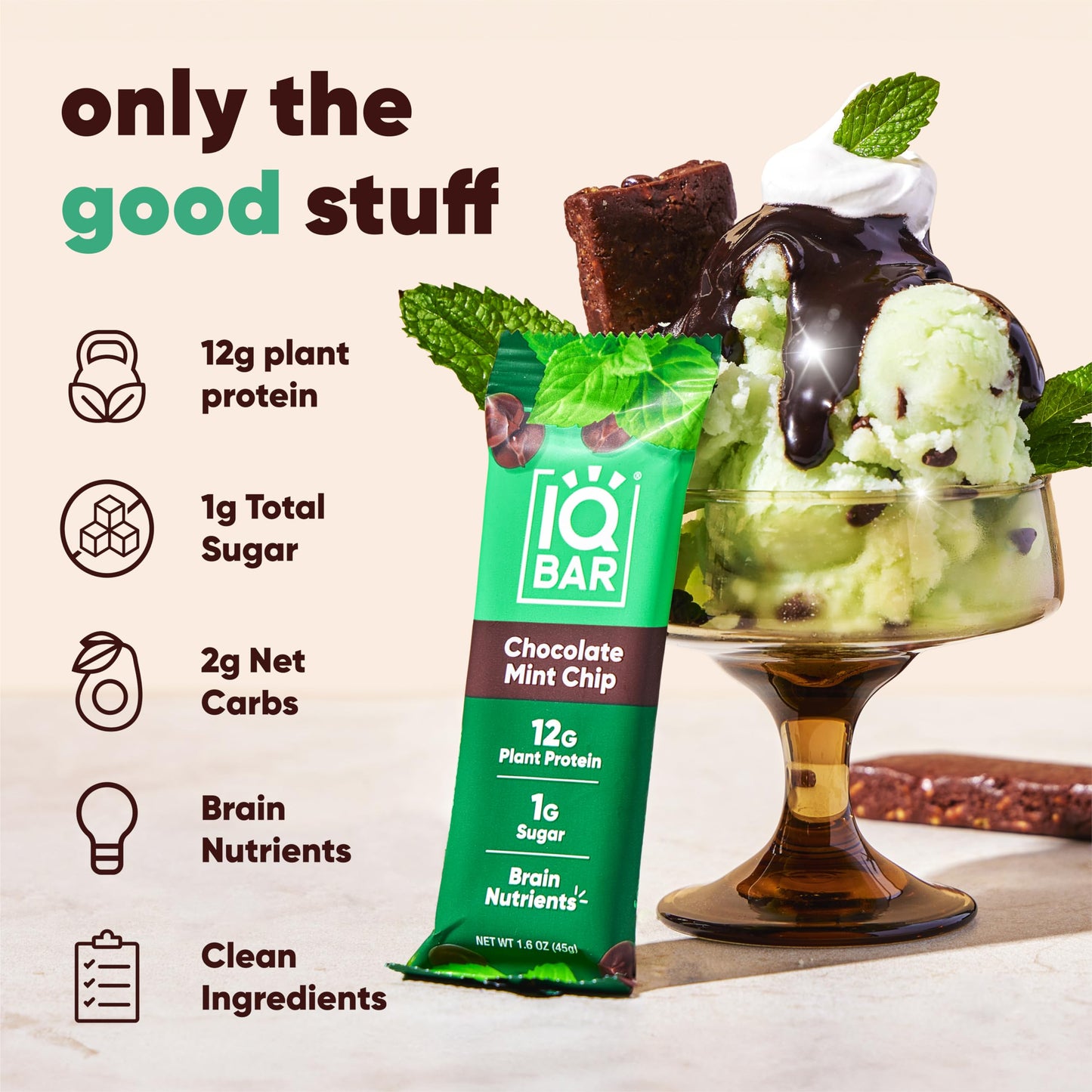 IQBAR Brain and Body Plant Protein Bars - Chocolate Mint Chip - 4-Count Low Carb - Gluten Free, High Fiber, Vegan Snacks - Low Sugar Meal Replacement