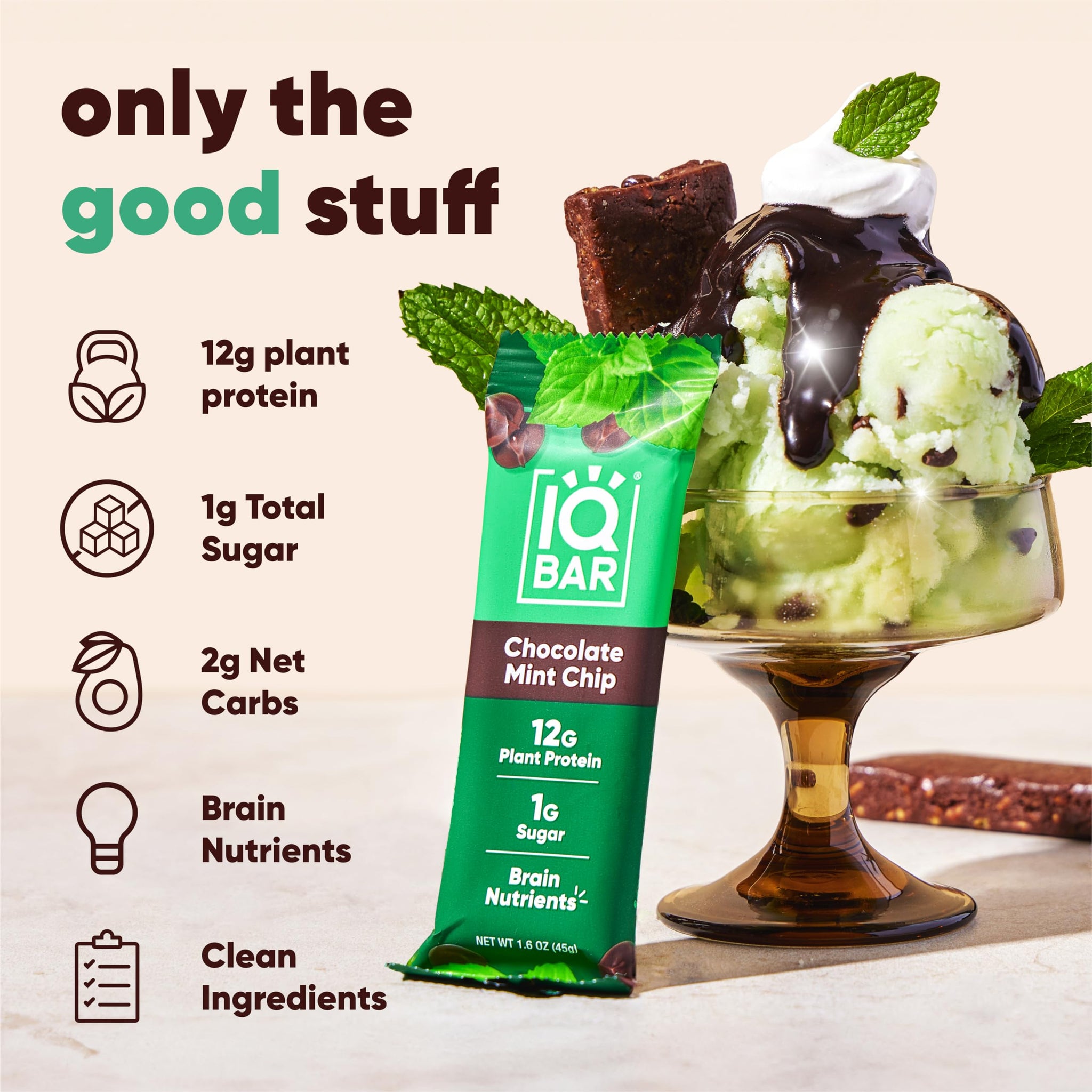 IQBAR Brain and Body Plant Protein Bars - Chocolate Mint Chip - 4-Count Low Carb - Gluten Free, High Fiber, Vegan Snacks - Low Sugar Meal Replacement