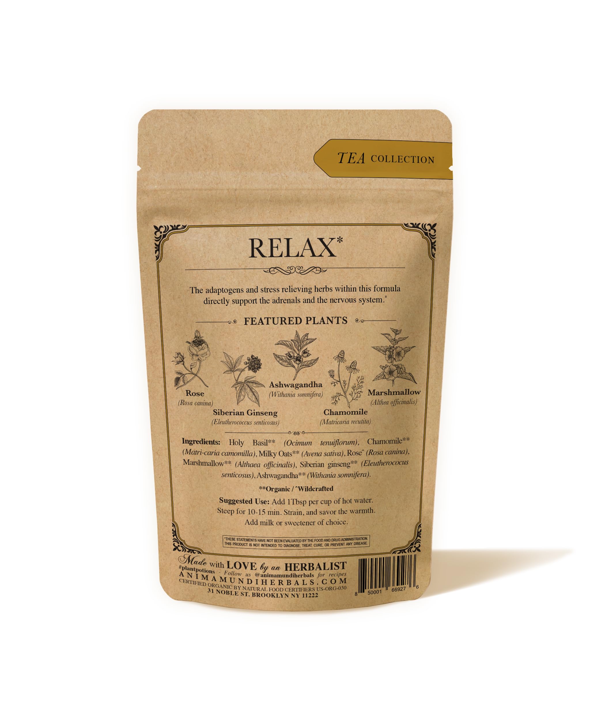 Anima Mundi Apothecary Calm Stress Relief Tonic Tea - Loose Herbal Blend Tea with Chamomile, Rose and Ashwagandha (2oz / 57g)