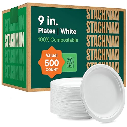 100% Compostable Paper Plates 9 Inch [500 Count] Heavy-Duty Dinner Plates - White Bagasse - Eco-Friendly Disposable Biodegradable Sugarcane Plates