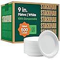 100% Compostable Paper Plates 9 Inch [500 Count] Heavy-Duty Dinner Plates - White Bagasse - Eco-Friendly Disposable Biodegradable Sugarcane Plates