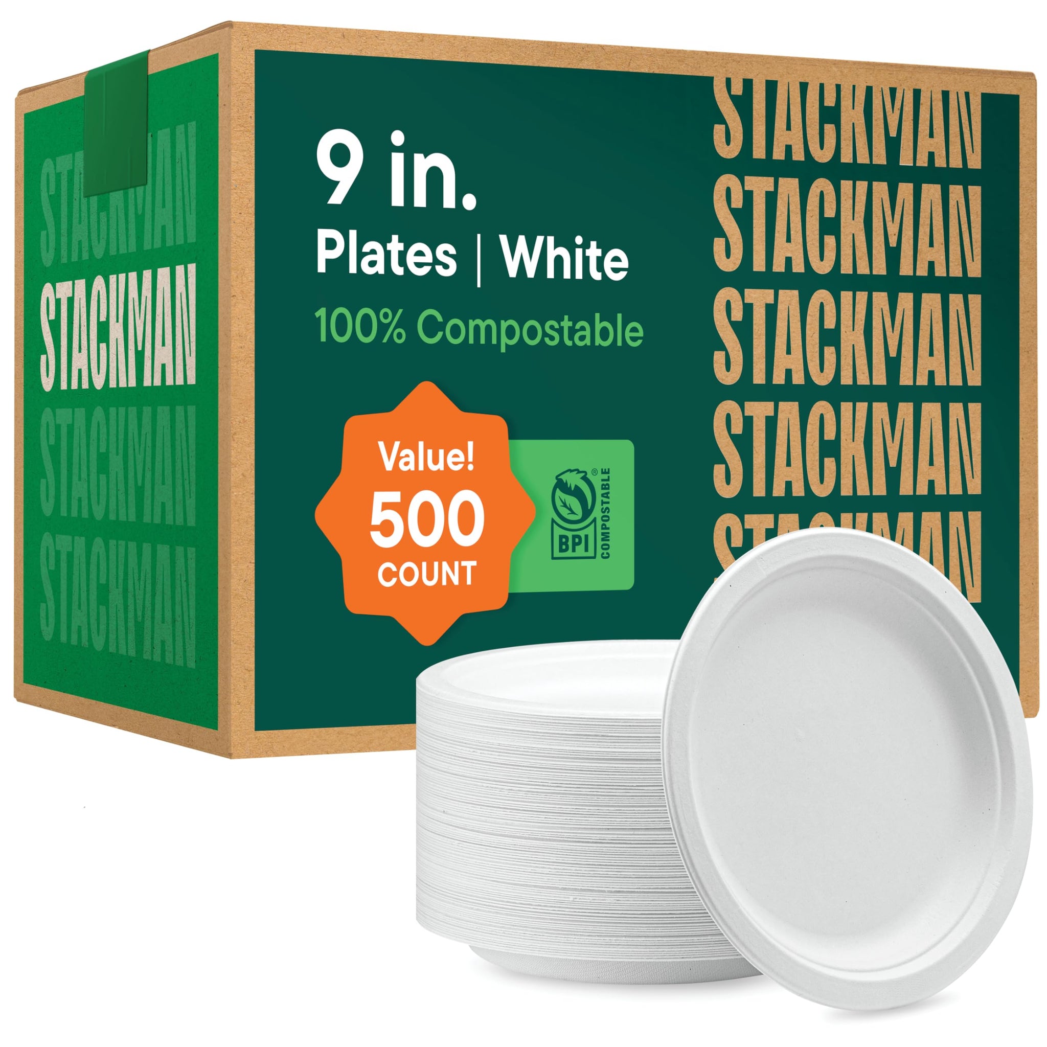 100% Compostable Paper Plates 9 Inch [500 Count] Heavy-Duty Dinner Plates - White Bagasse - Eco-Friendly Disposable Biodegradable Sugarcane Plates