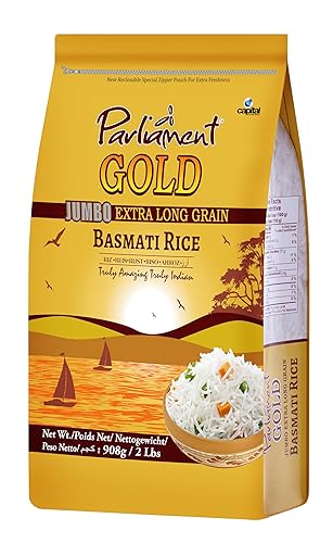 Parliament Gold Jumbo Extra Long Basmati Rice Beyond 8mm Indian Risotto All Natural Vegan Gluten Friendly NON-GMO Aged Perfection Luxurious Taste Product of India 2Lbs